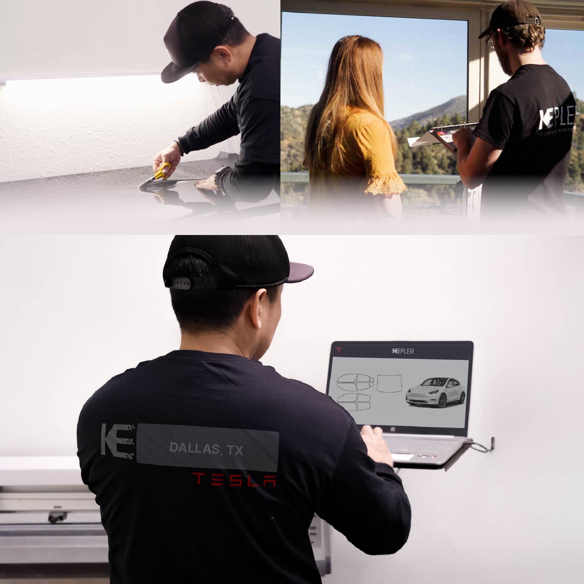 Expert Technician Applying Advanced Window Tint to Tesla in Dallas