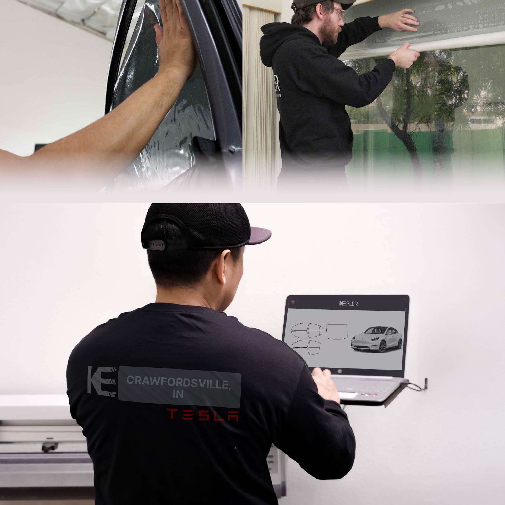 Expert Technician Applying High-tech Window Tint to Tesla in Crawfordsville