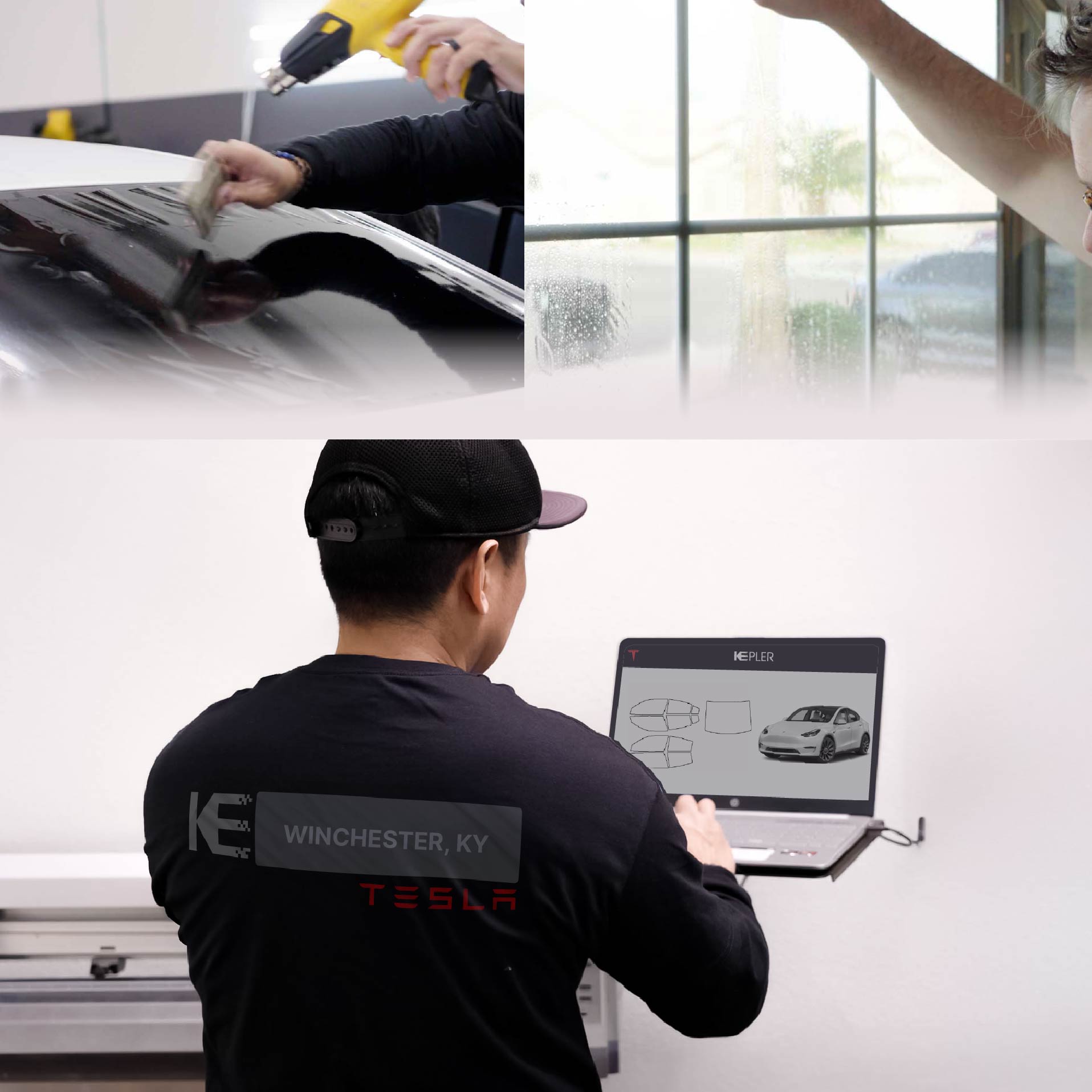 Expert Technician Fitting High-tech Window Tint to Tesla in Winchester
