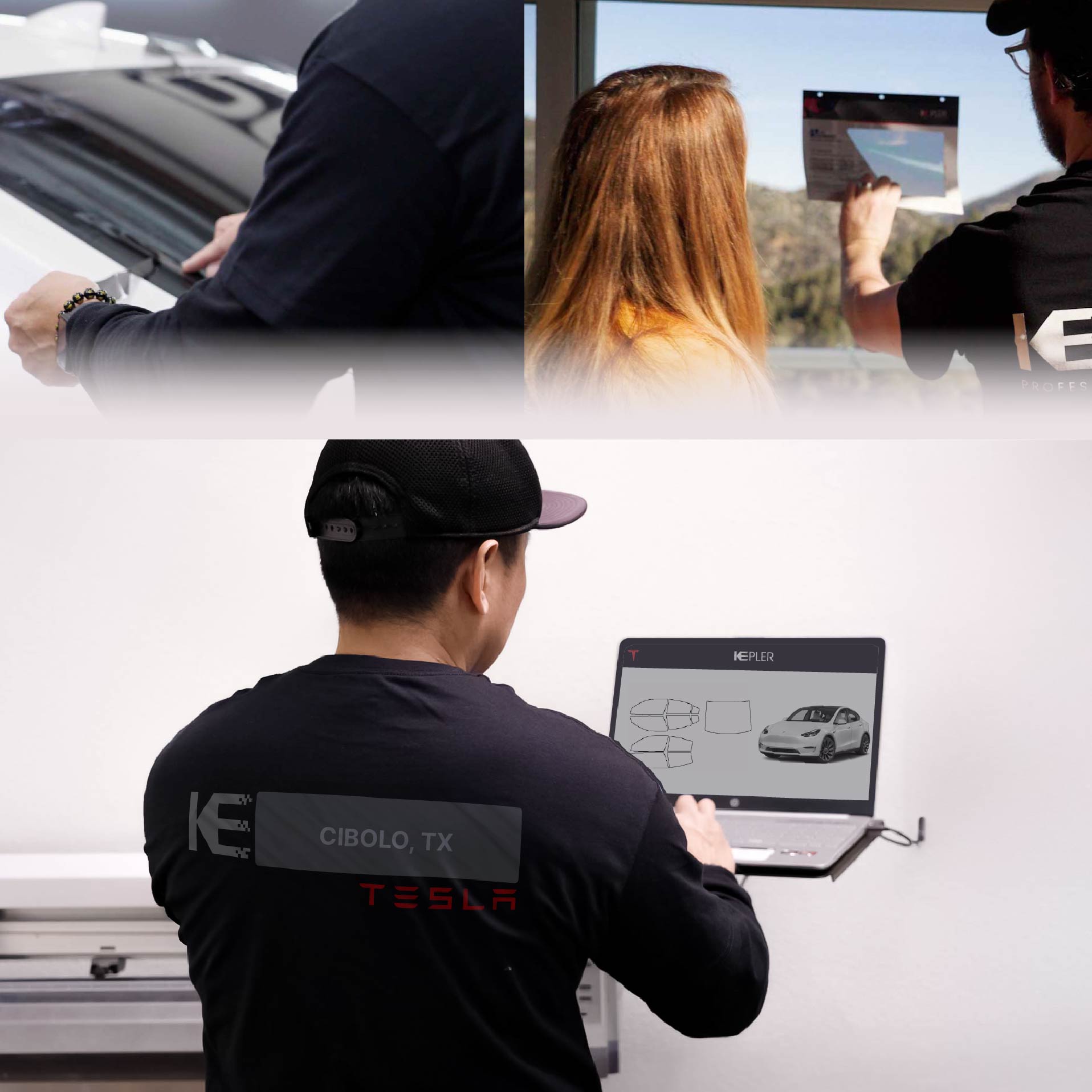 Expert Technician Applying Ceramic Window Tint to Tesla in Cibolo
