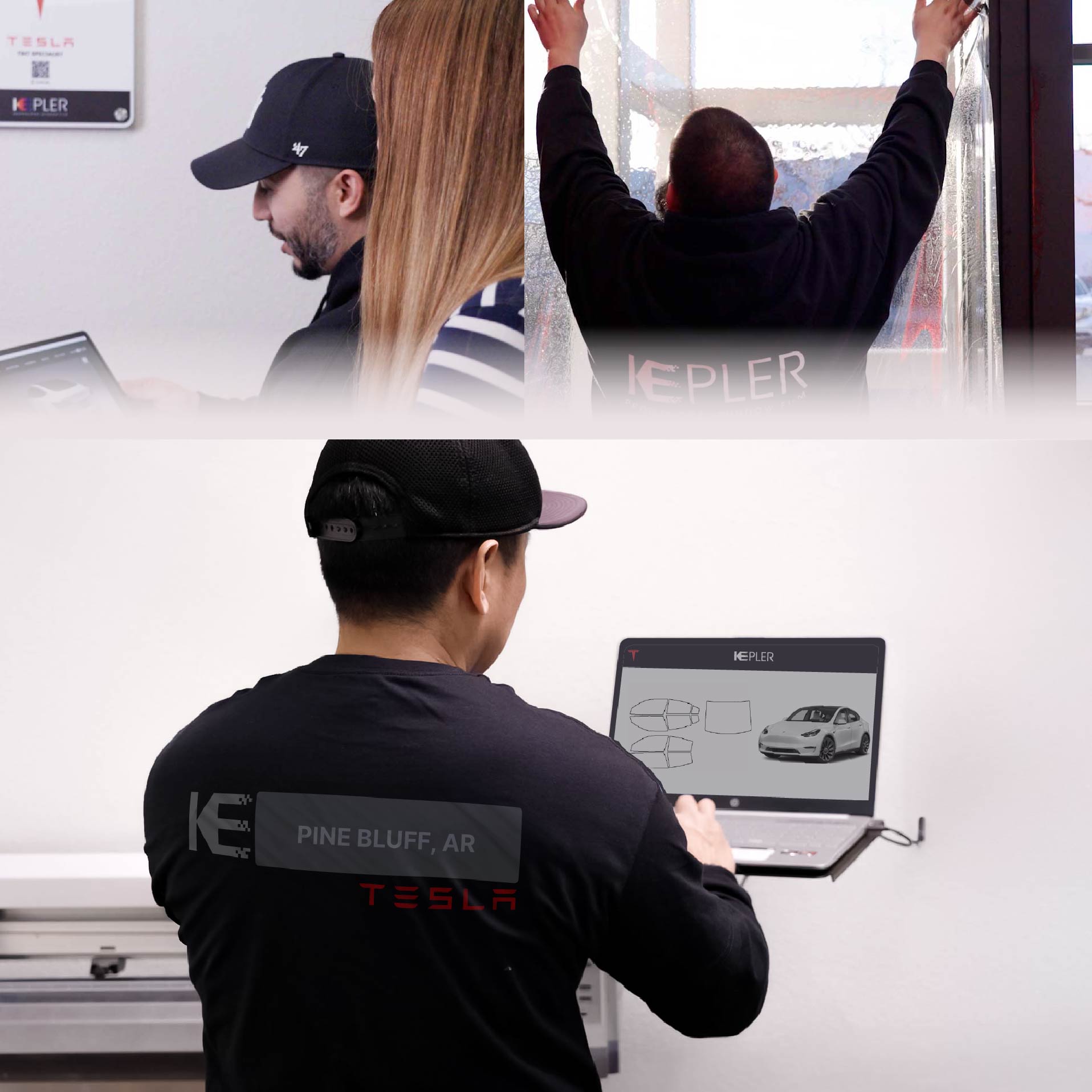 Expert Technician Installing Ceramic Window Tint to Tesla in Pine Bluff