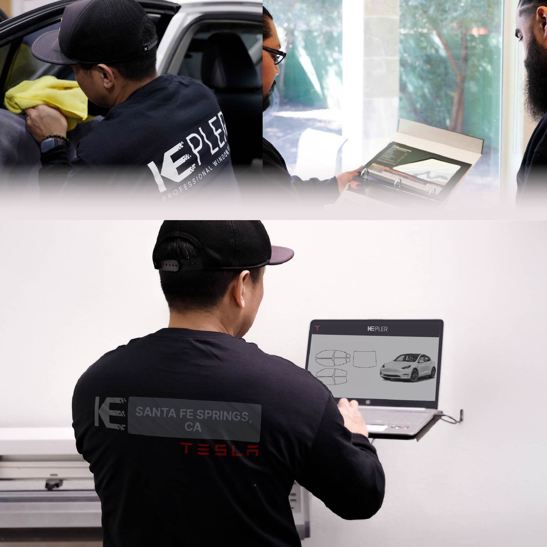 Expert Technician Fitting High-tech Window Tint to Tesla in Santa Fe Springs