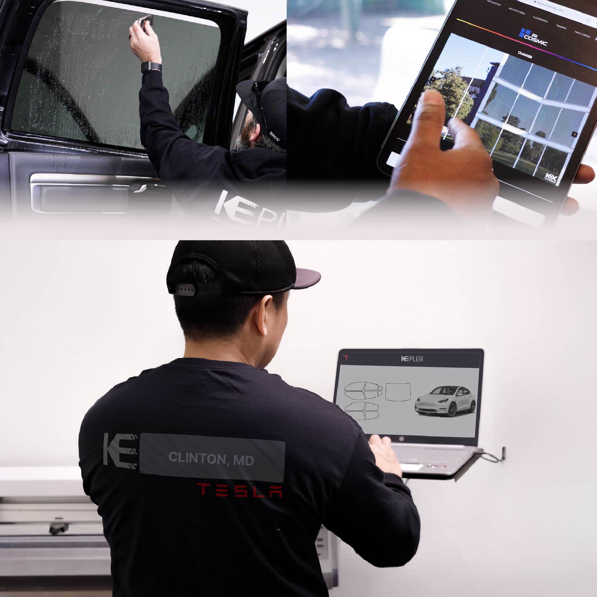 Expert Technician Installing Ceramic Window Tint to Tesla in Clinton