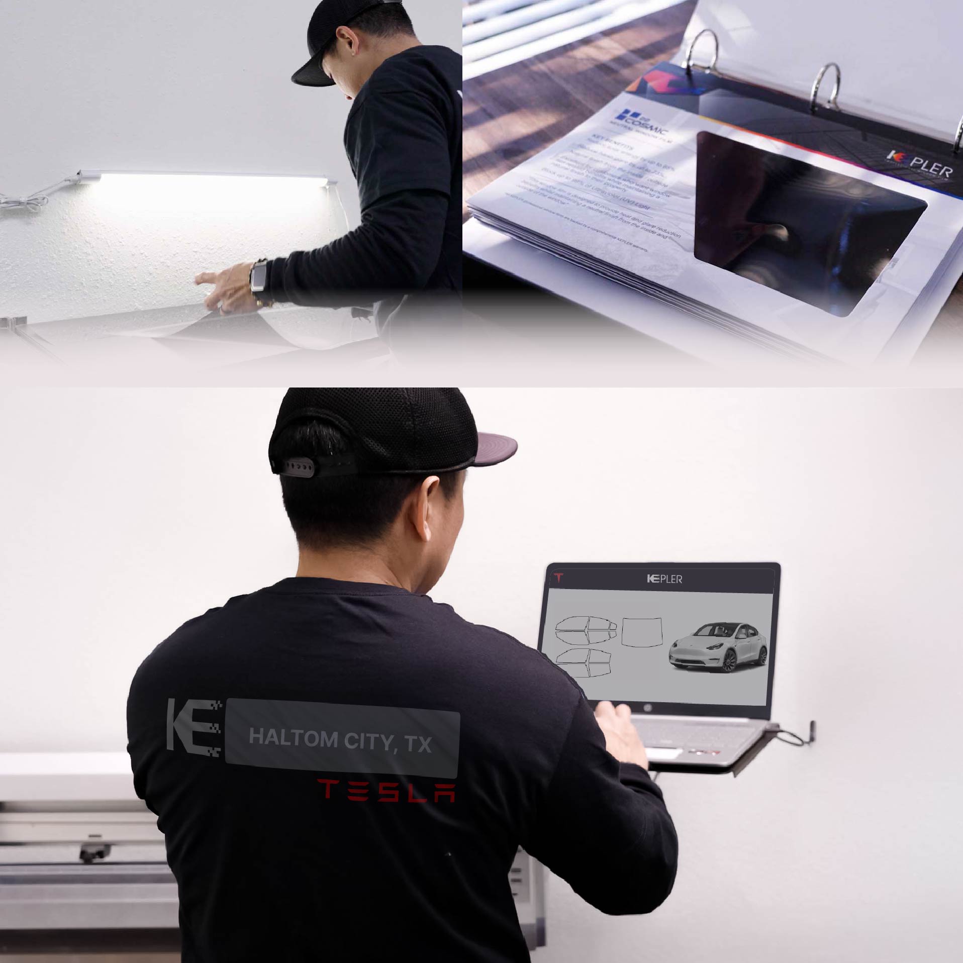 Kepler Technician Applying Advanced Window Tint to Tesla in Haltom City
