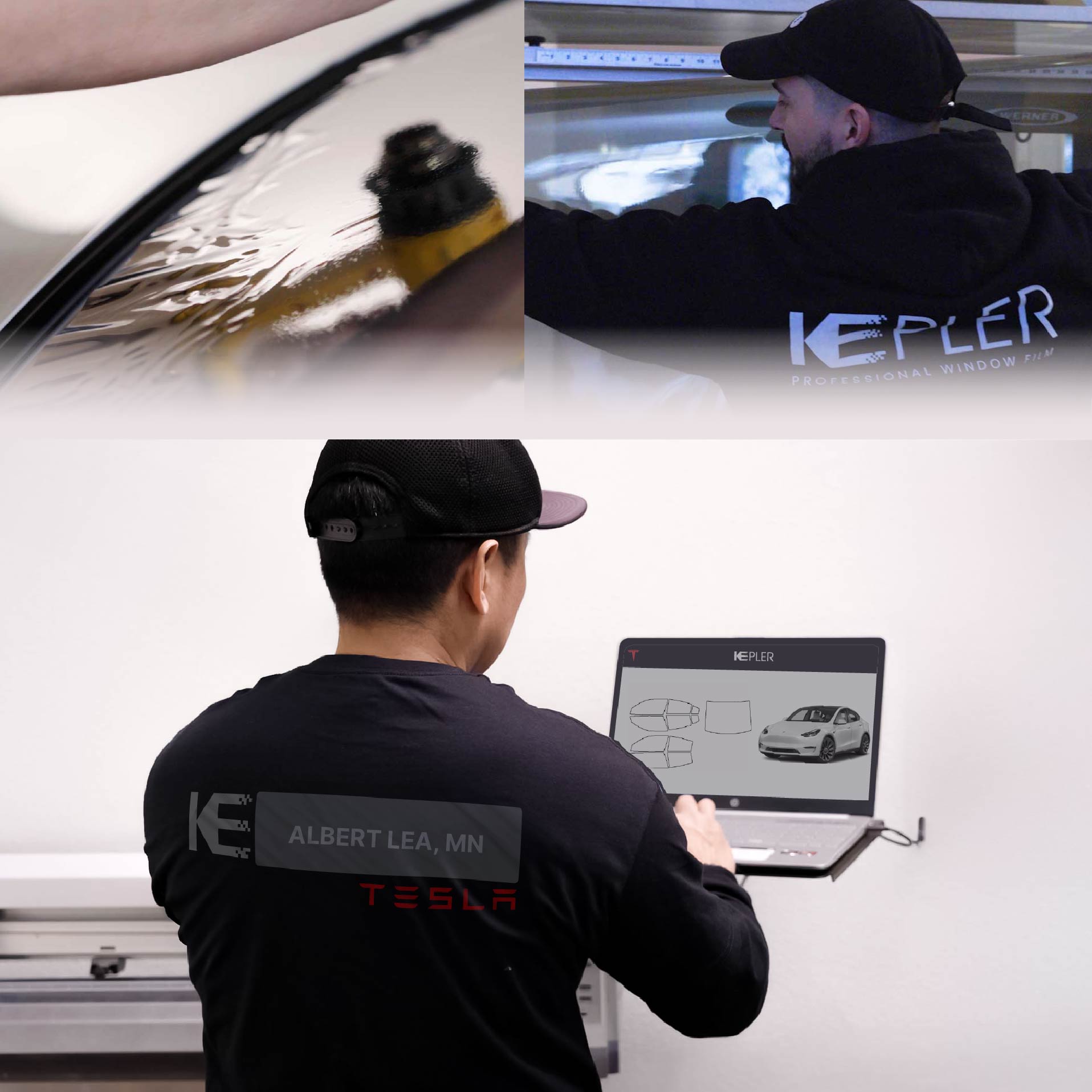 Kepler Technician Fitting Advanced Window Tint to Tesla in Albert Lea