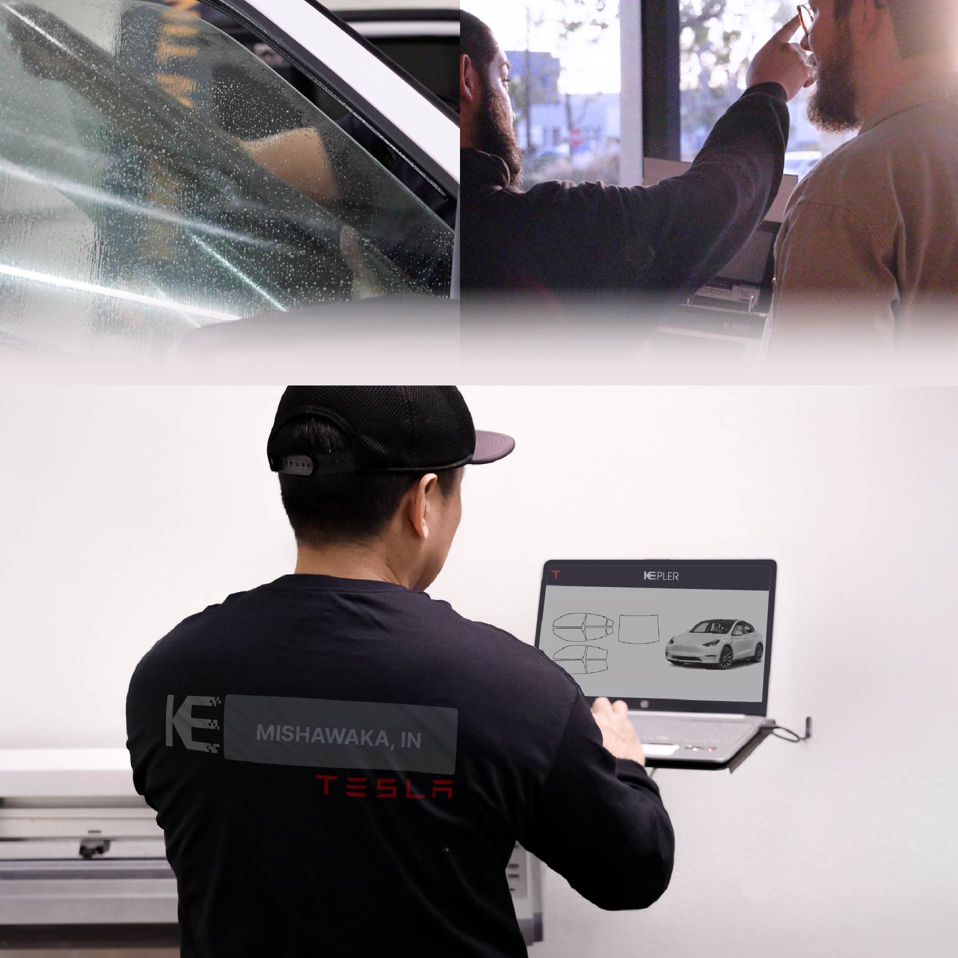Expert Technician Fitting Ceramic Window Tint to Tesla in Mishawaka