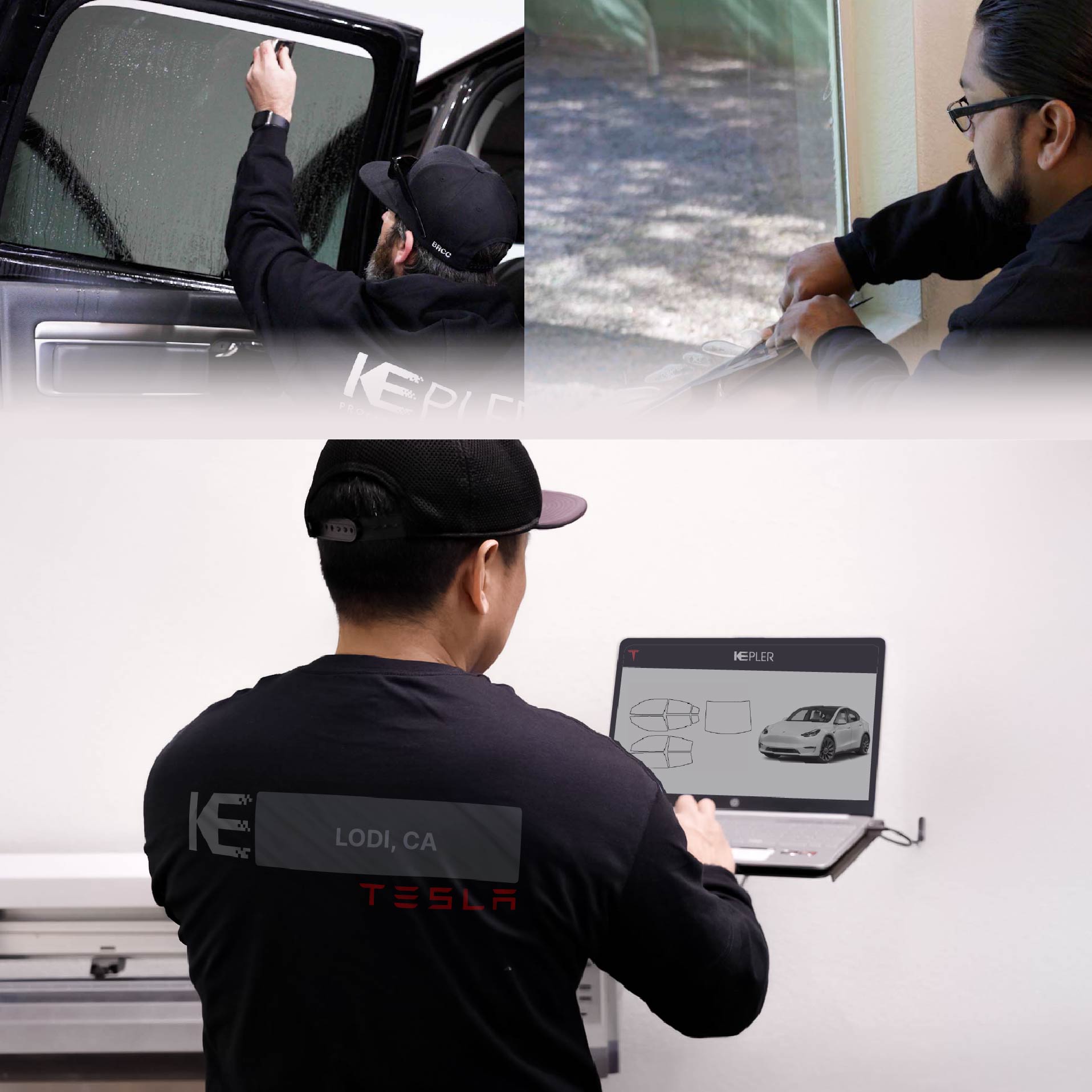 Kepler Technician Fitting Advanced Window Tint to Tesla in Lodi