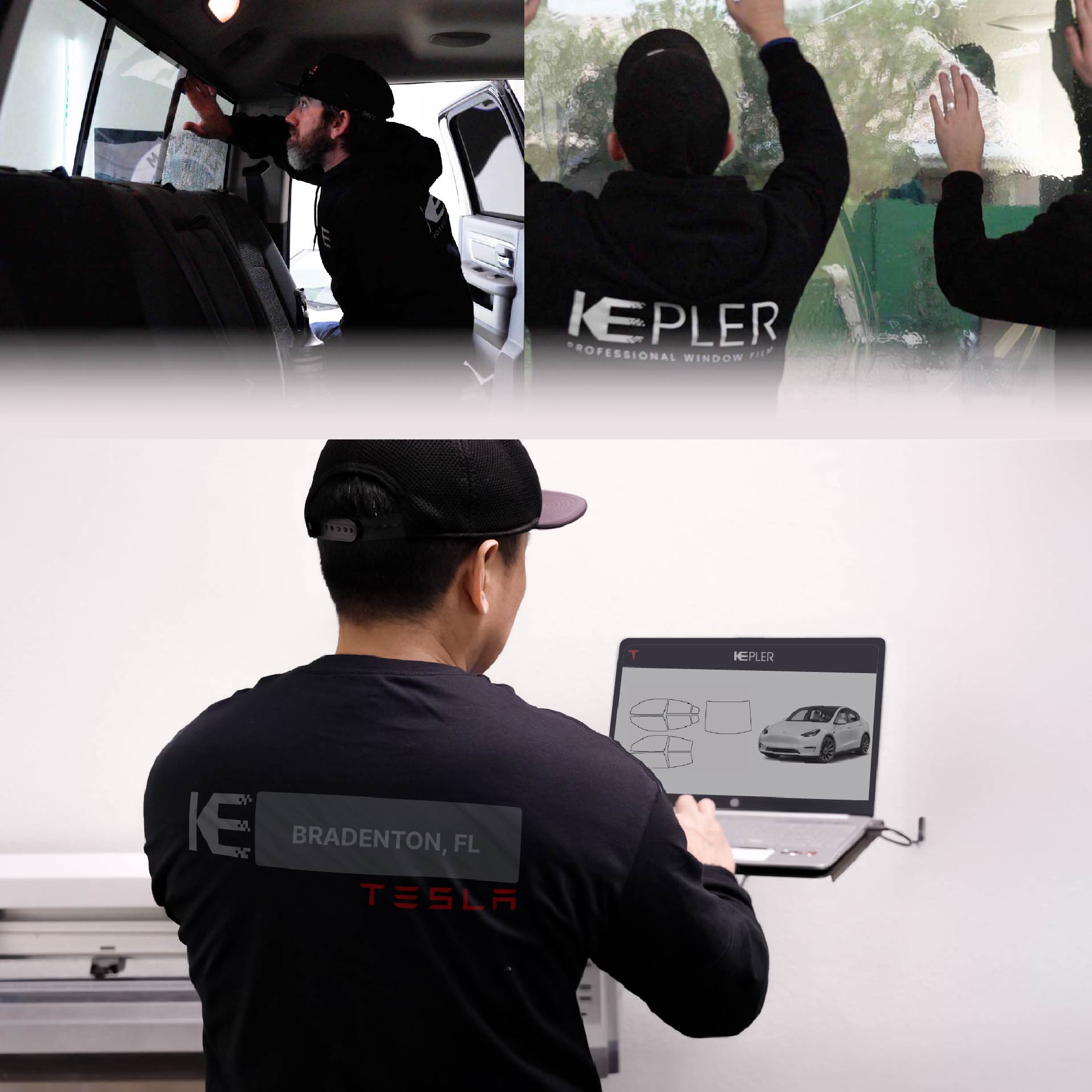 Expert Technician Installing Advanced Window Tint to Tesla in Bradenton