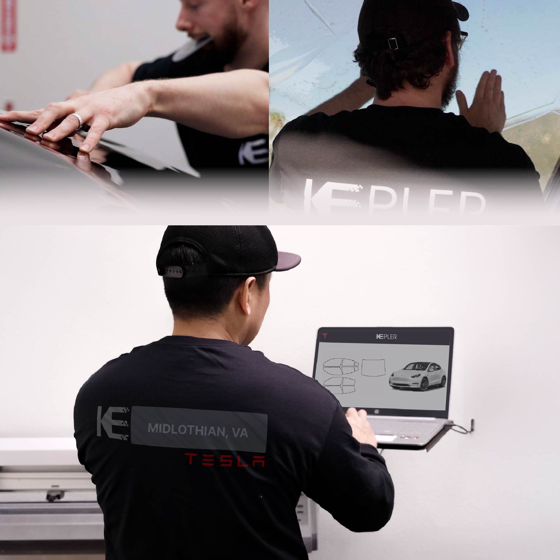 Expert Technician Applying Advanced Window Tint to Tesla in Midlothian