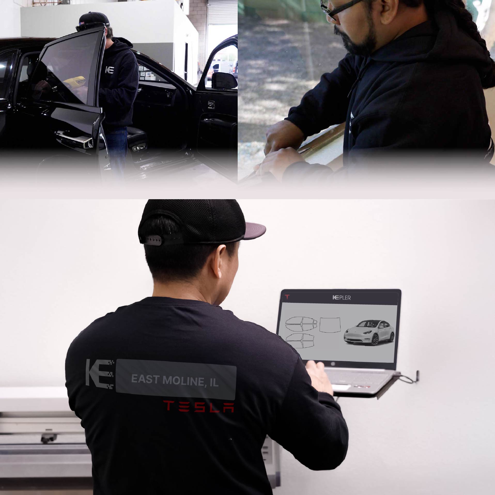 Expert Technician Applying Advanced Window Tint to Tesla in East Moline