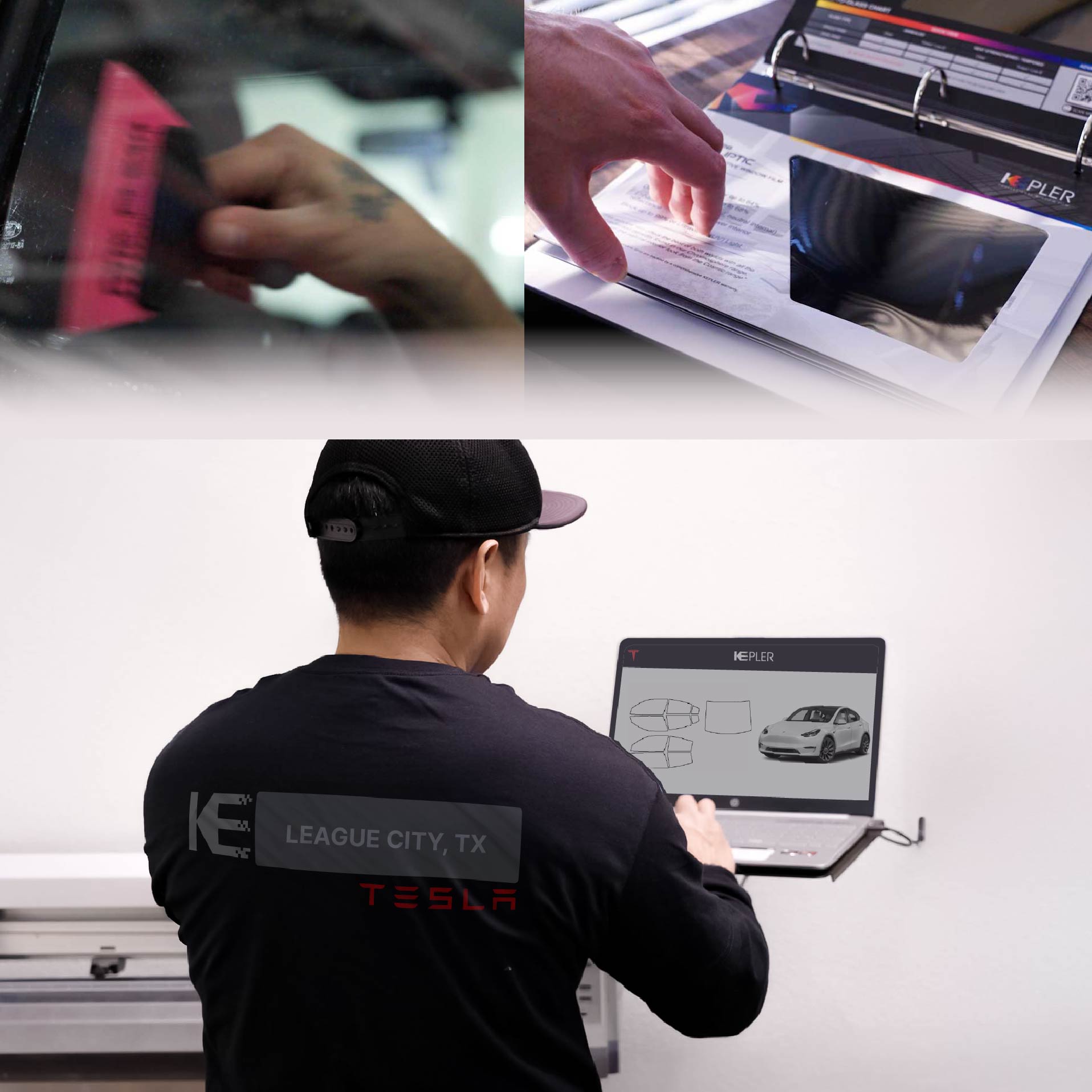 Expert Technician Applying High-tech Window Tint to Tesla in League City