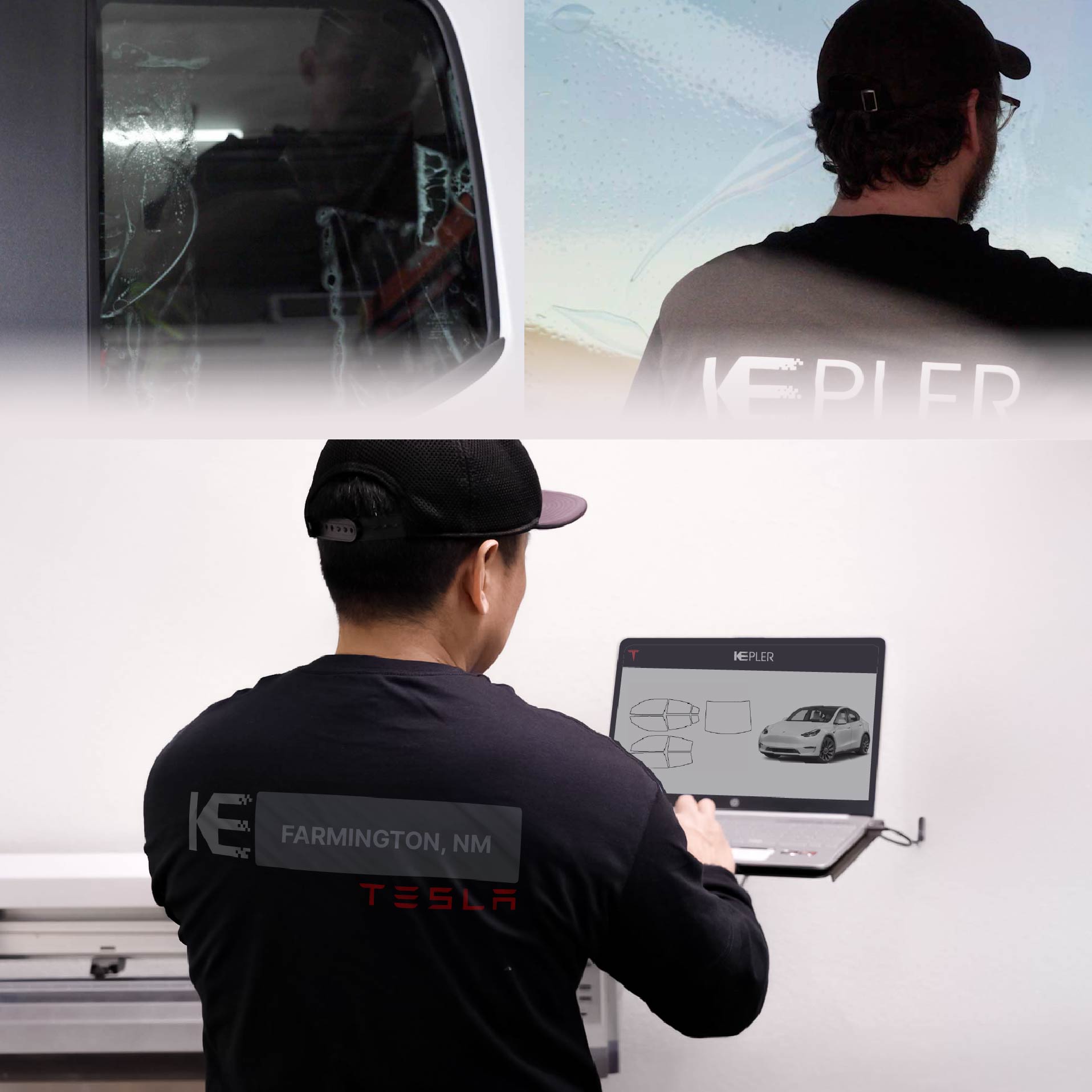 Kepler Technician Applying Advanced Window Tint to Tesla in Farmington