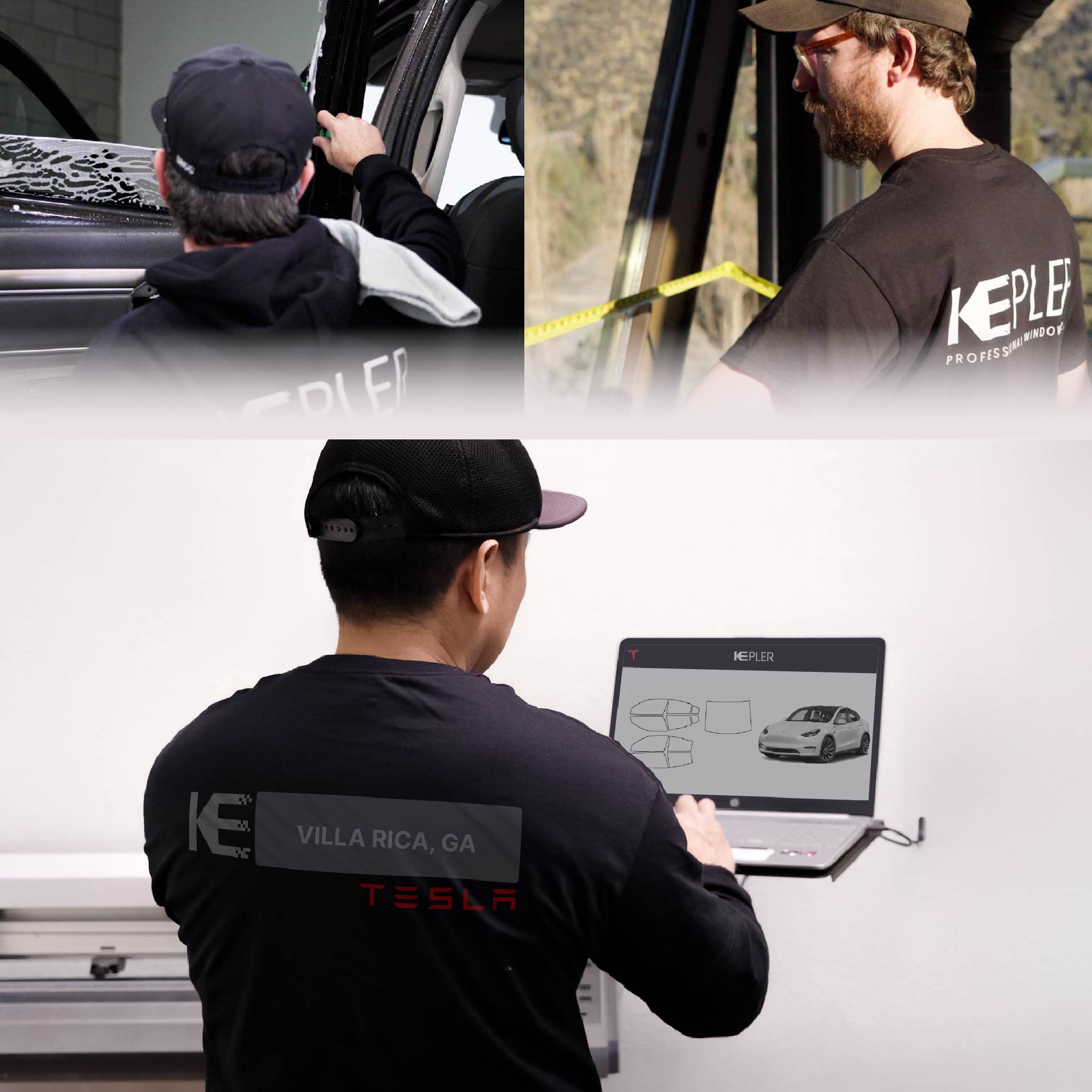 Expert Technician Applying Ceramic Window Tint to Tesla in Villa Rica