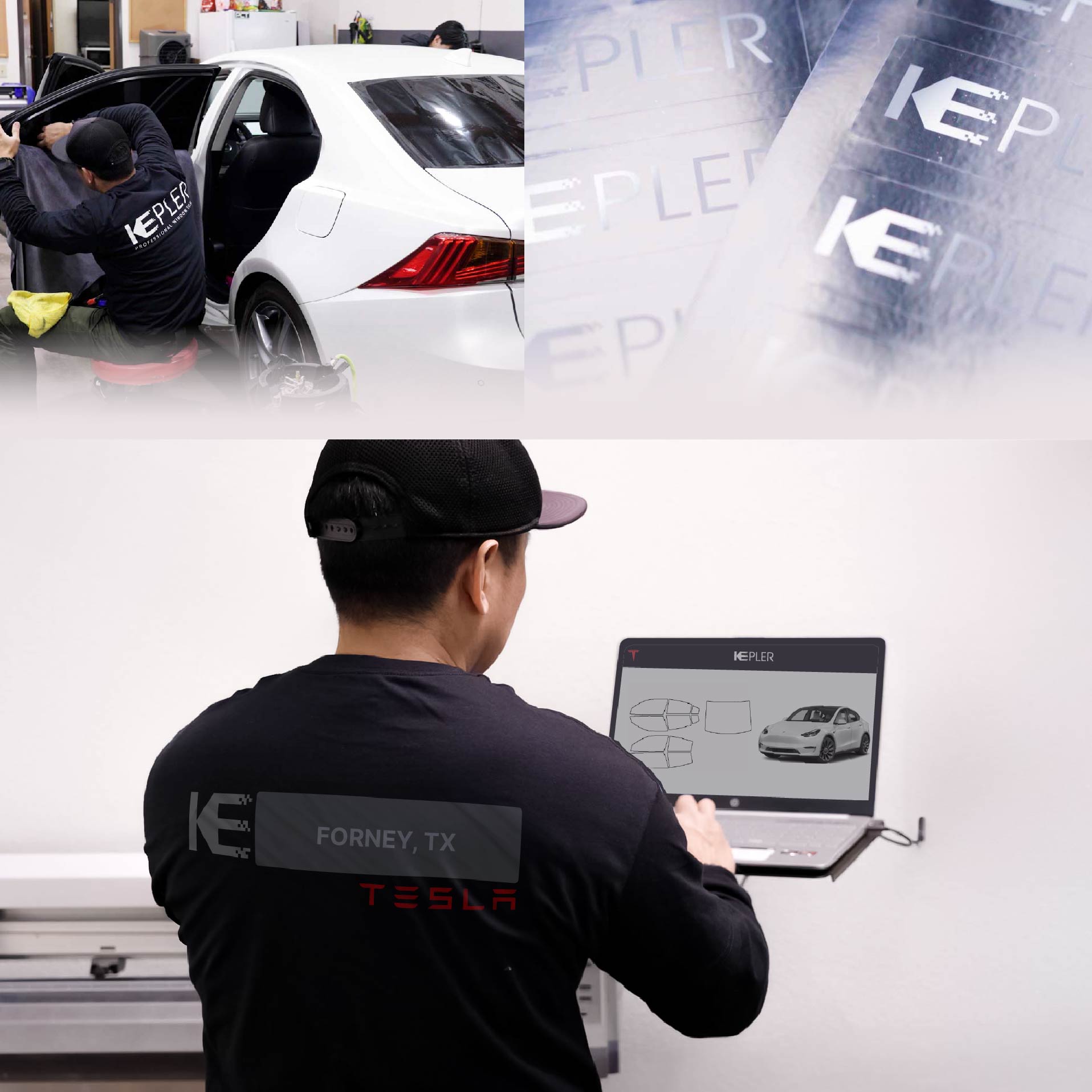Kepler Technician Fitting High-tech Window Tint to Tesla in Forney