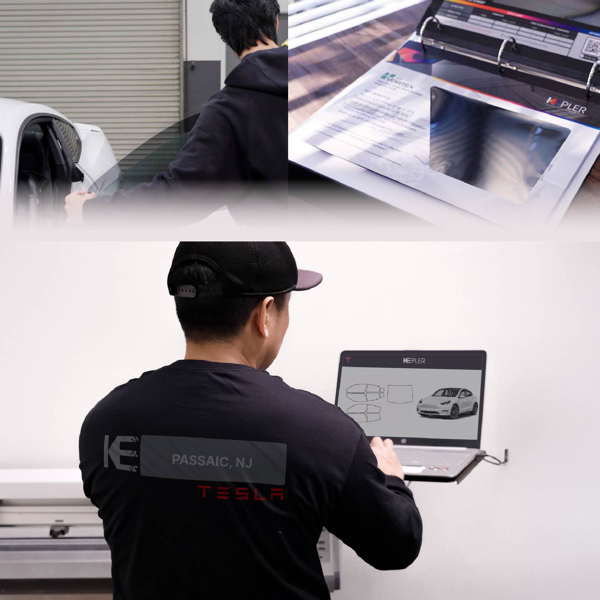 Expert Technician Installing Ceramic Window Tint to Tesla in Passaic