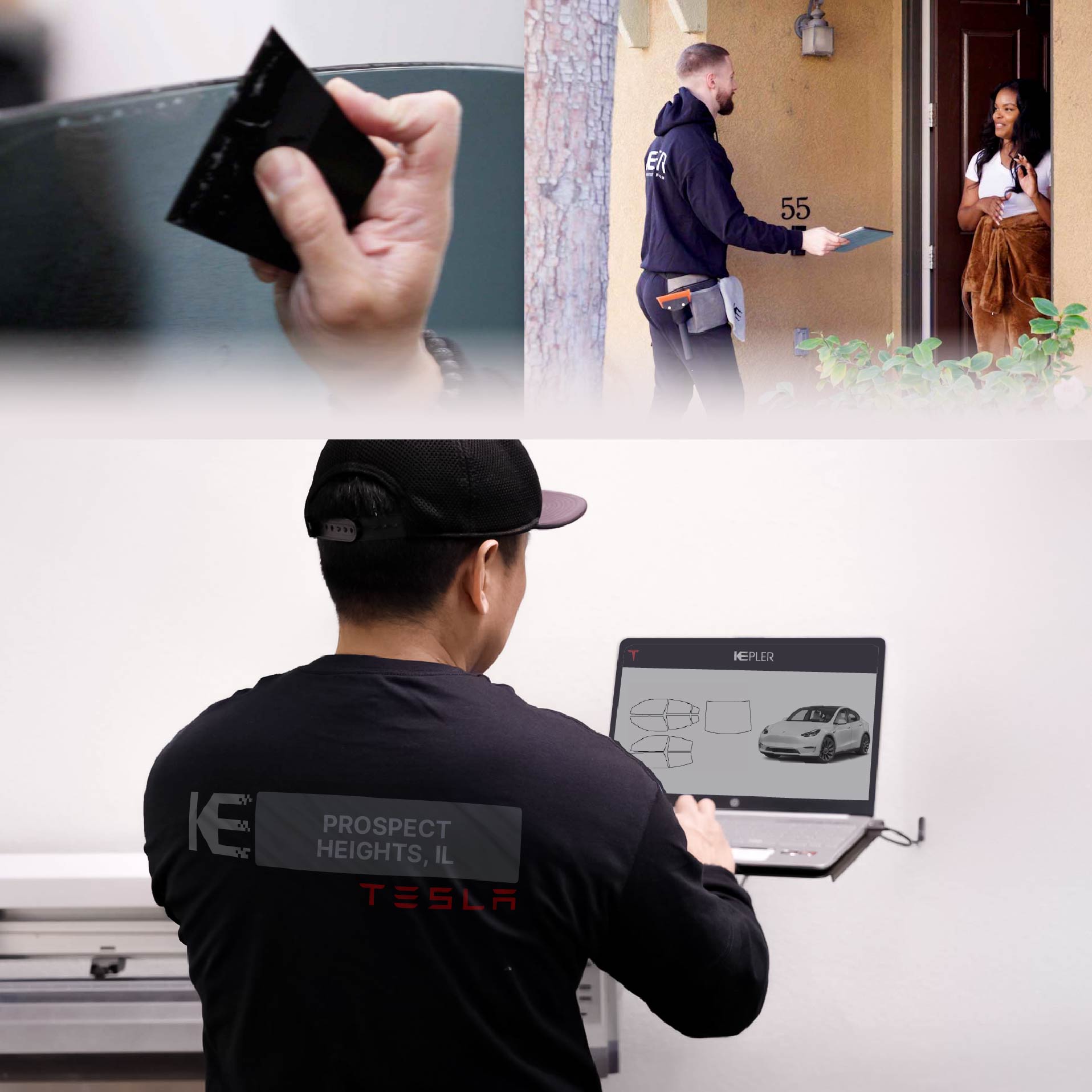 Kepler Technician Fitting Ceramic Window Tint to Tesla in Prospect Heights