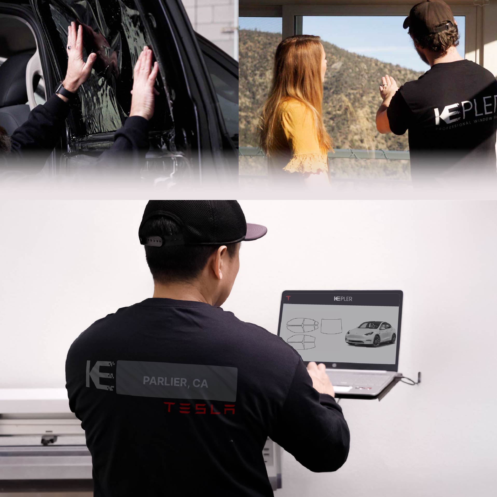 Expert Technician Applying Ceramic Window Tint to Tesla in Parlier
