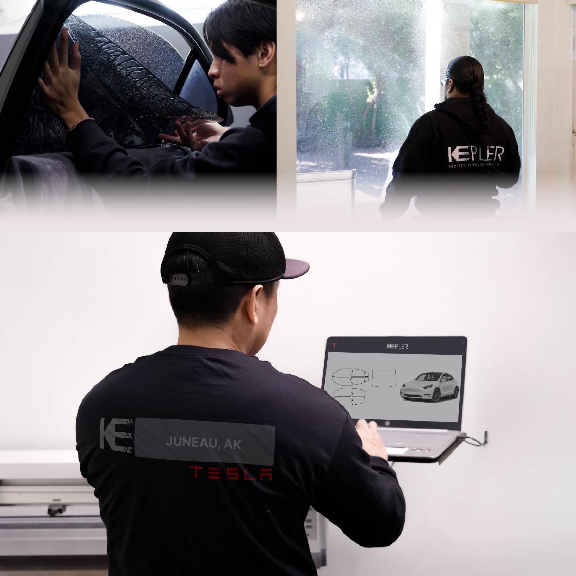 Kepler Technician Applying High-tech Window Tint to Tesla in Juneau
