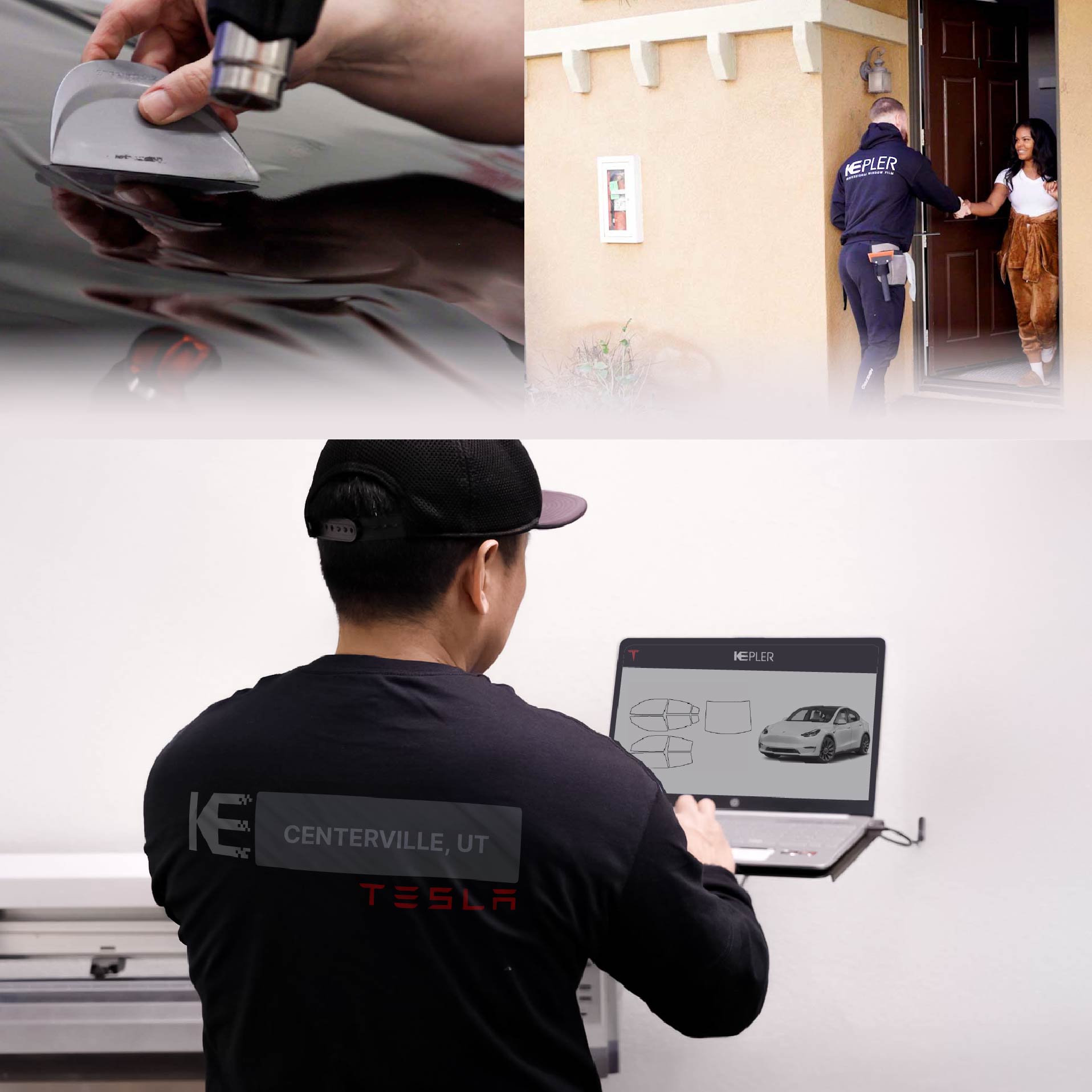 Expert Technician Applying Ceramic Window Tint to Tesla in Centerville
