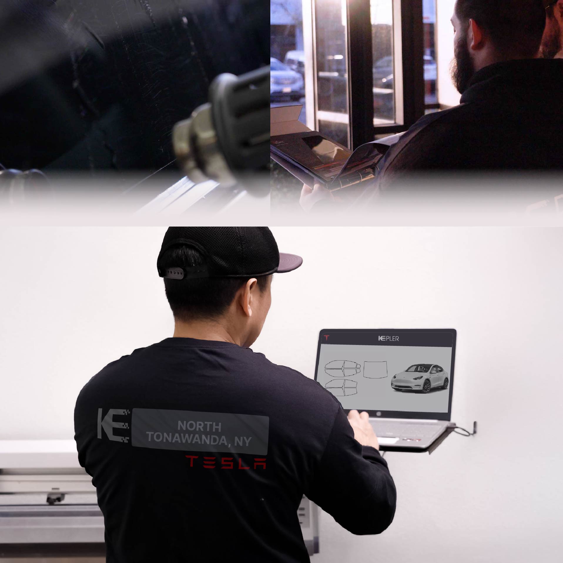 Expert Technician Applying Advanced Window Tint to Tesla in North Tonawanda