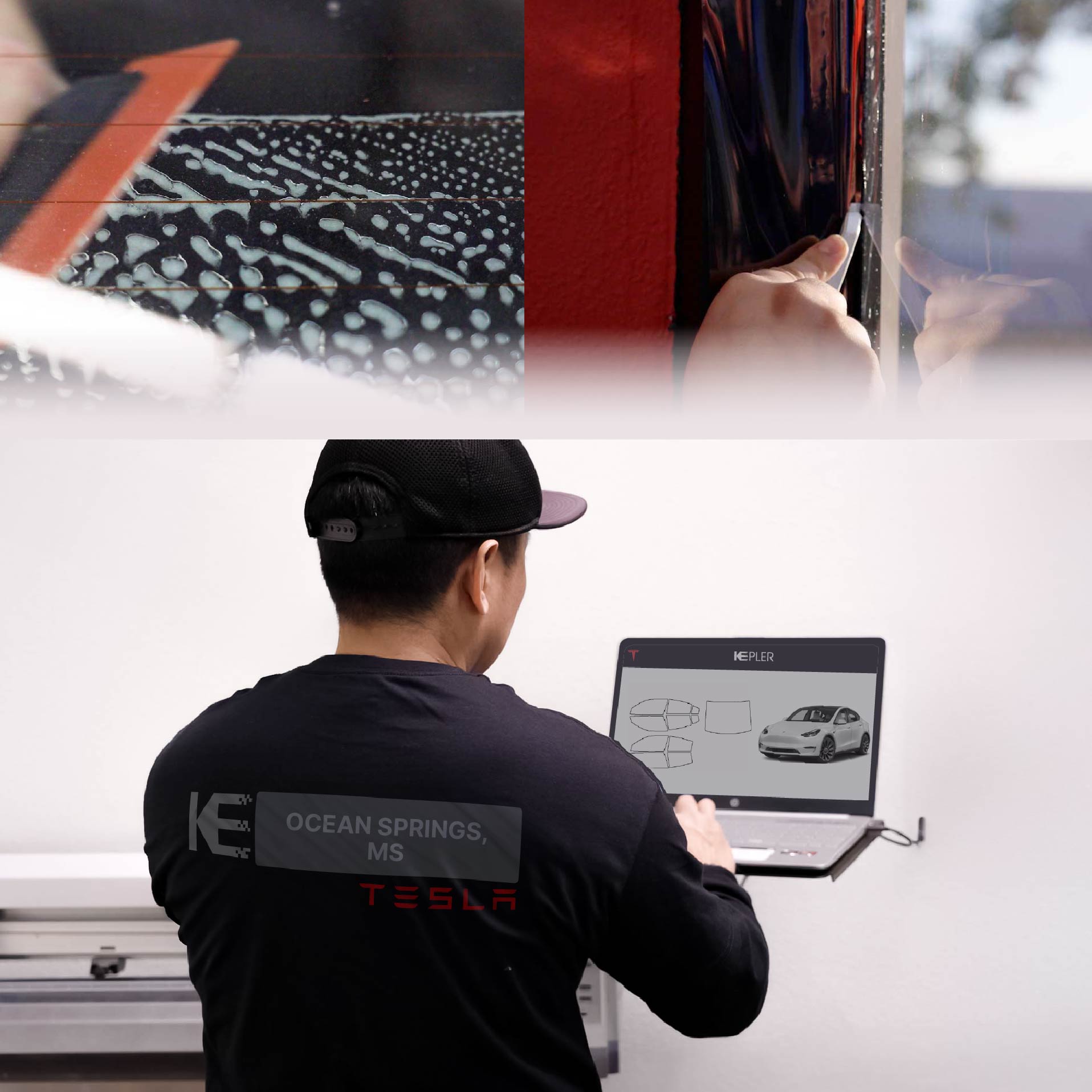 Expert Technician Applying Ceramic Window Tint to Tesla in Ocean Springs