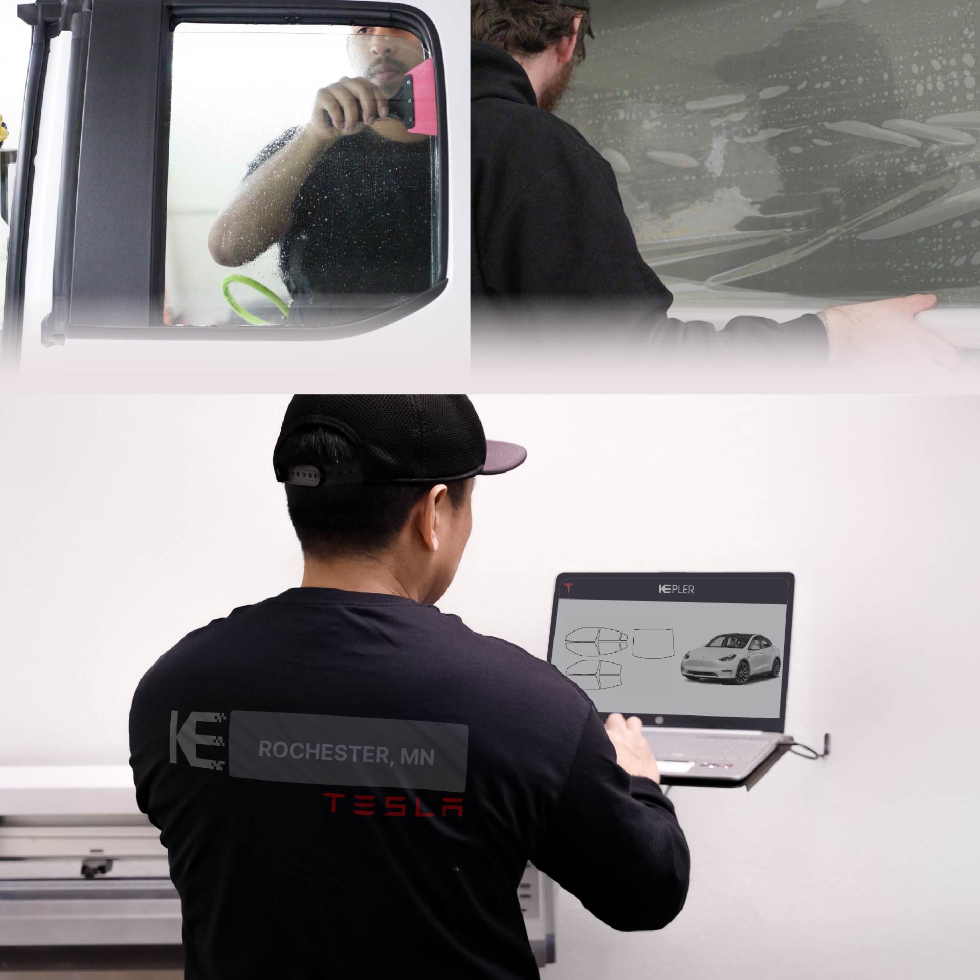 Kepler Technician Installing Ceramic Window Tint to Tesla in Rochester