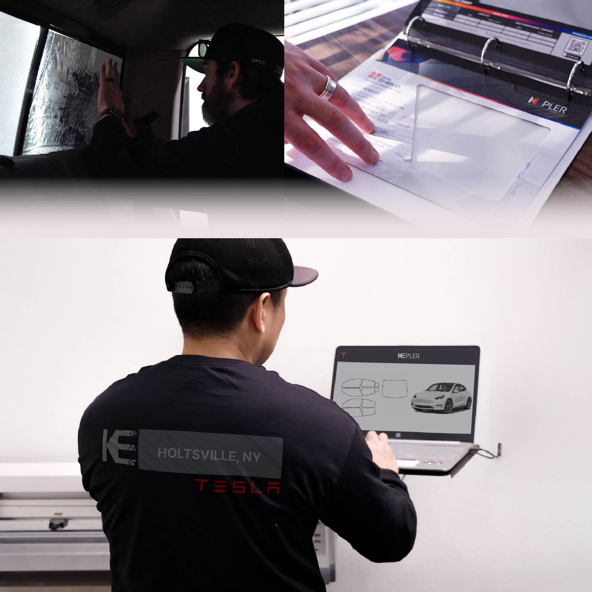 Kepler Technician Fitting Ceramic Window Tint to Tesla in Holtsville
