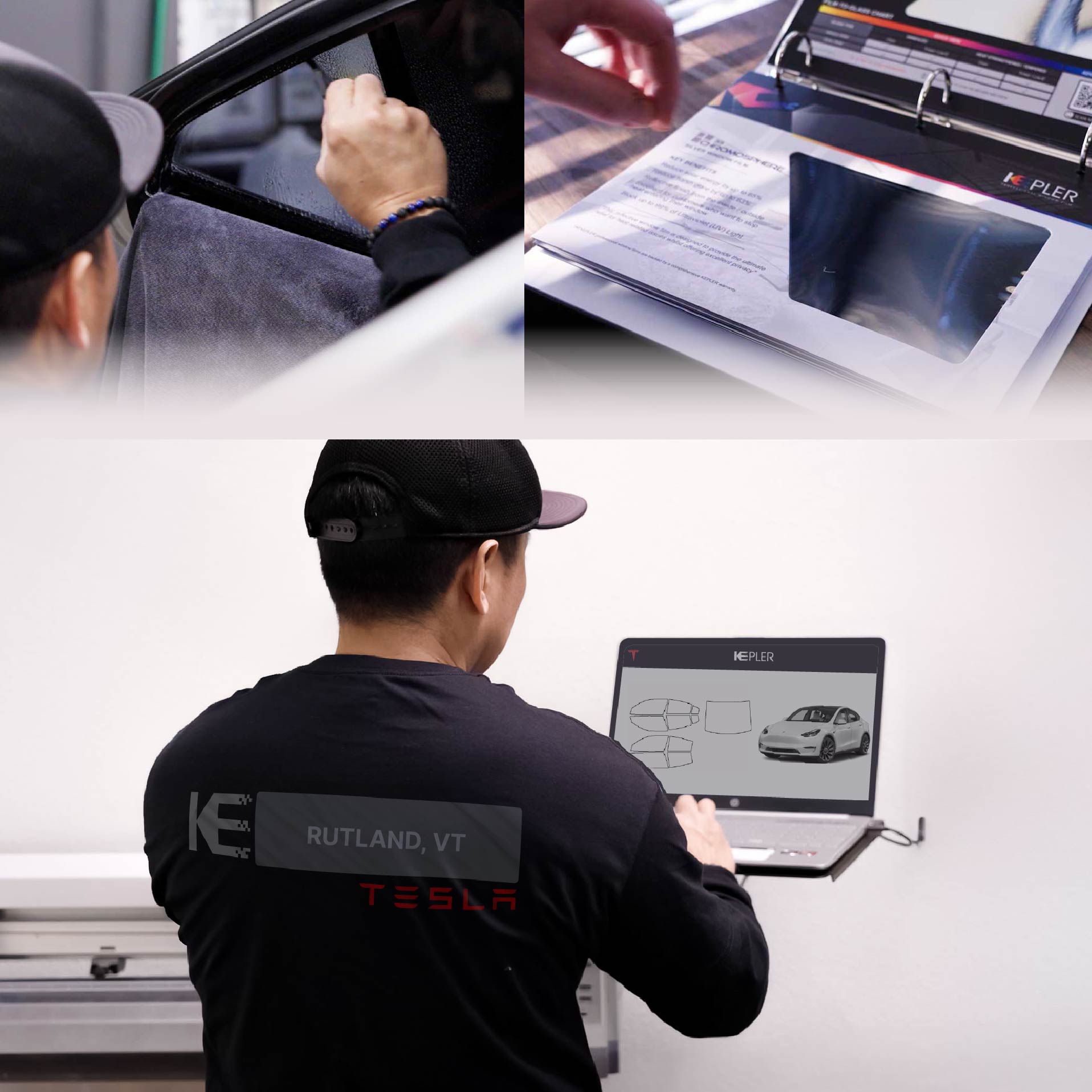 Expert Technician Applying High-tech Window Tint to Tesla in Rutland
