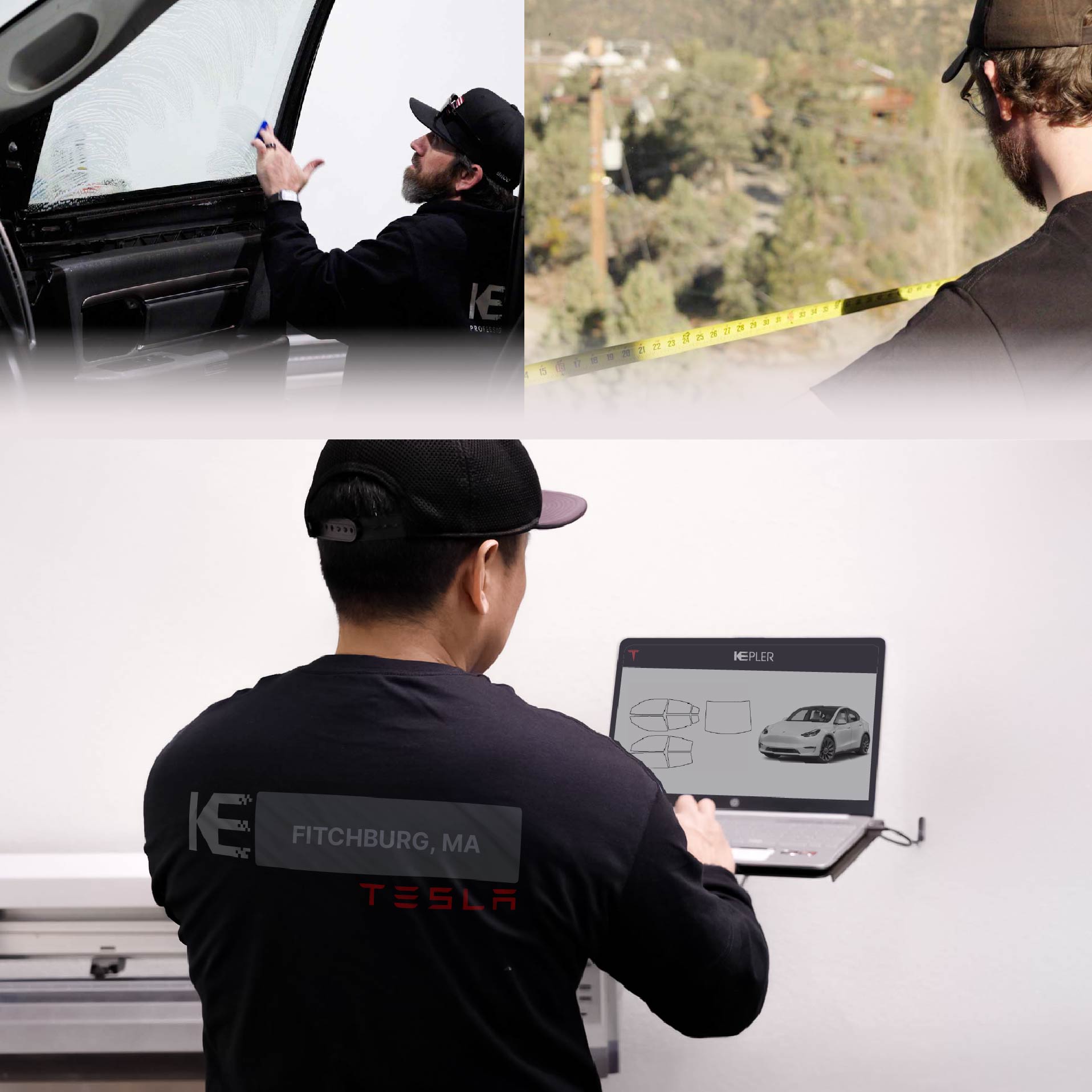 Expert Technician Fitting Advanced Window Tint to Tesla in Fitchburg
