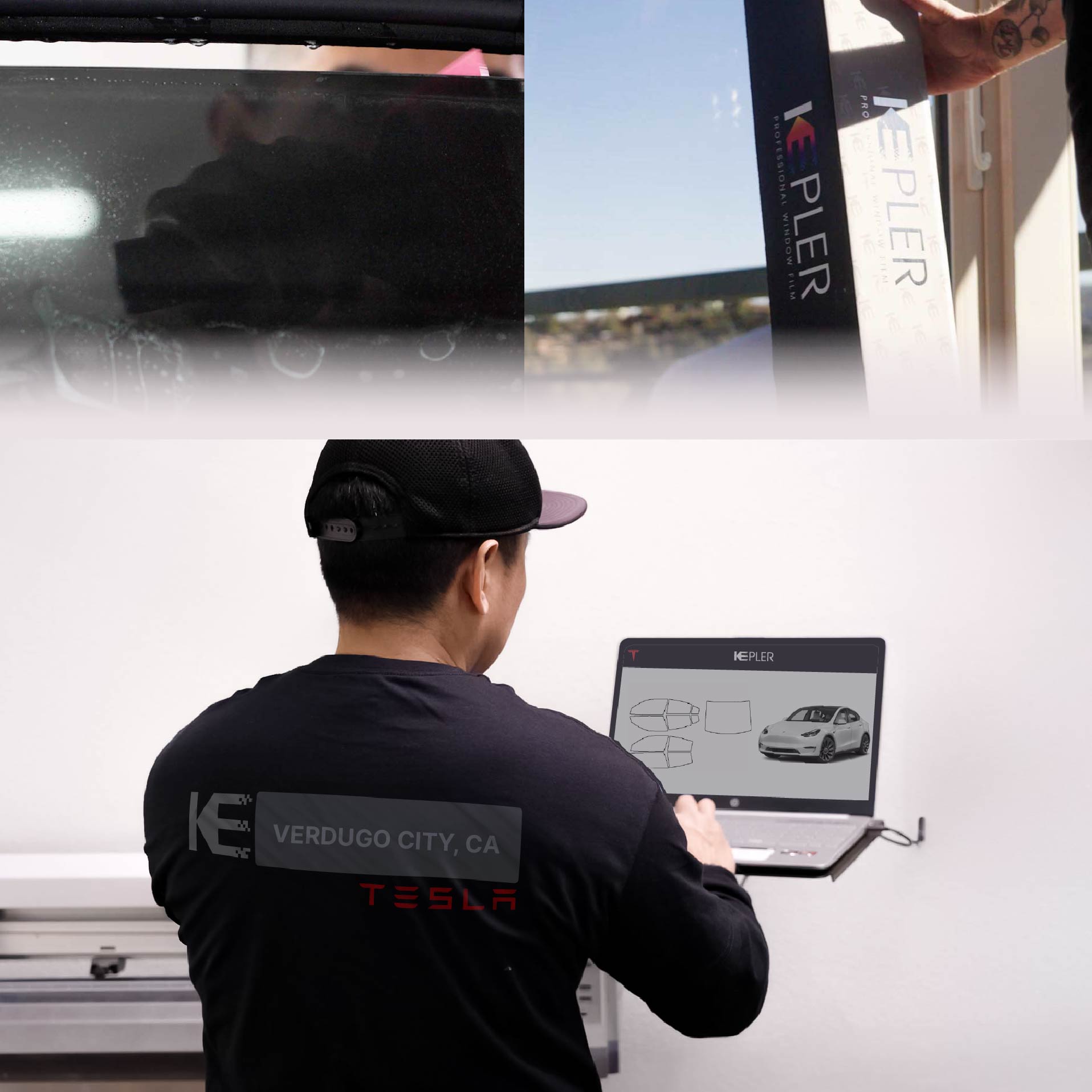 Kepler Technician Installing Ceramic Window Tint to Tesla in Verdugo City