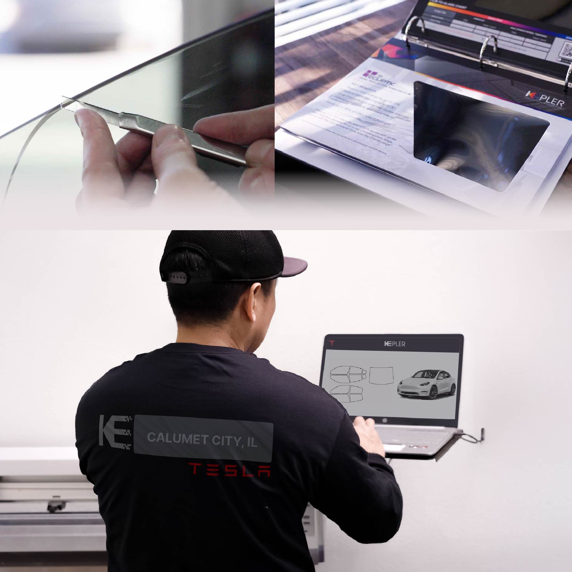 Kepler Technician Installing Ceramic Window Tint to Tesla in Calumet City