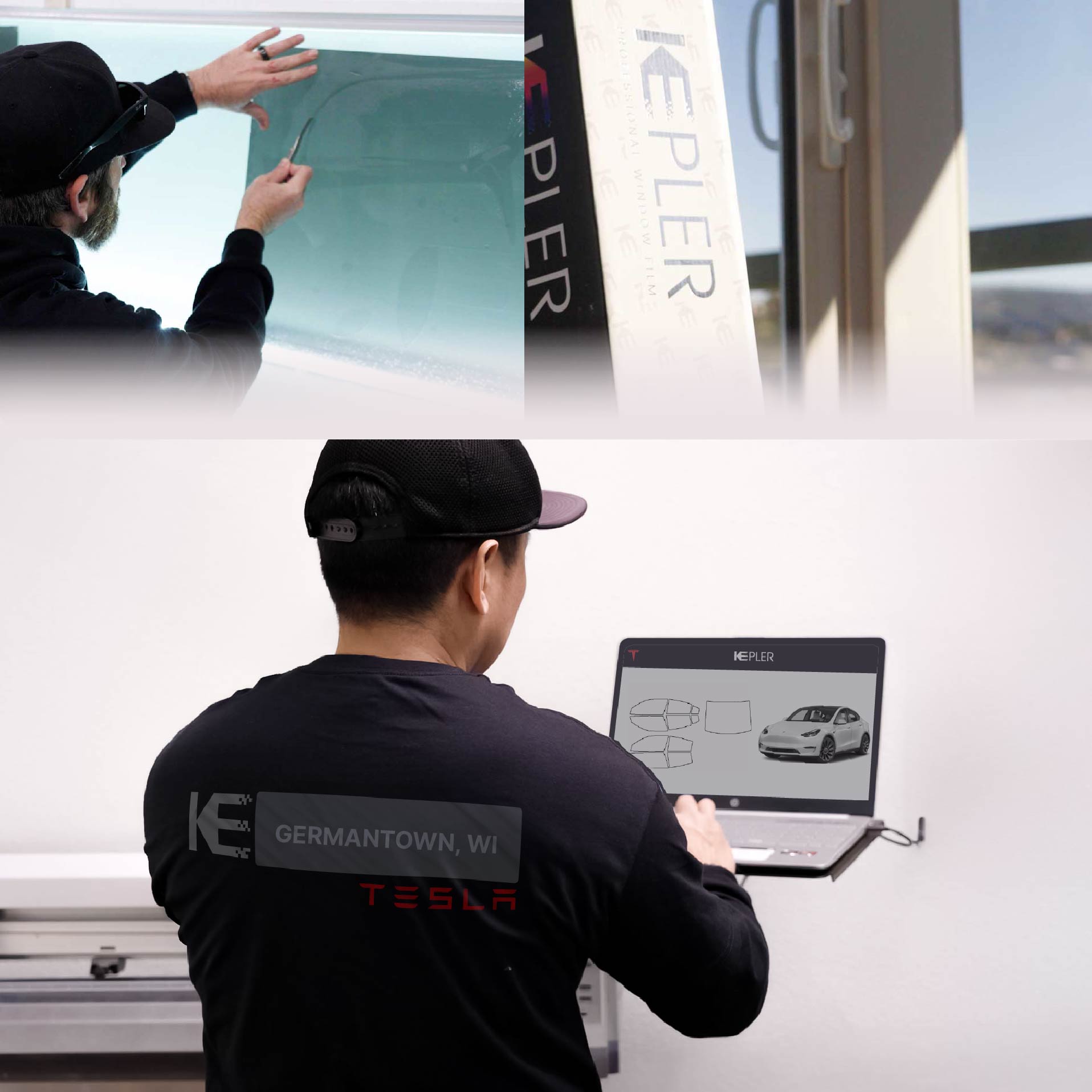Expert Technician Applying Advanced Window Tint to Tesla in Germantown