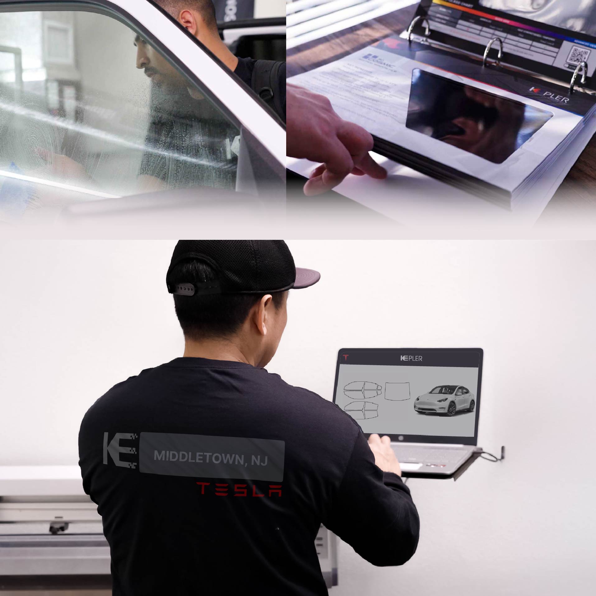 Kepler Technician Fitting Advanced Window Tint to Tesla in Middletown