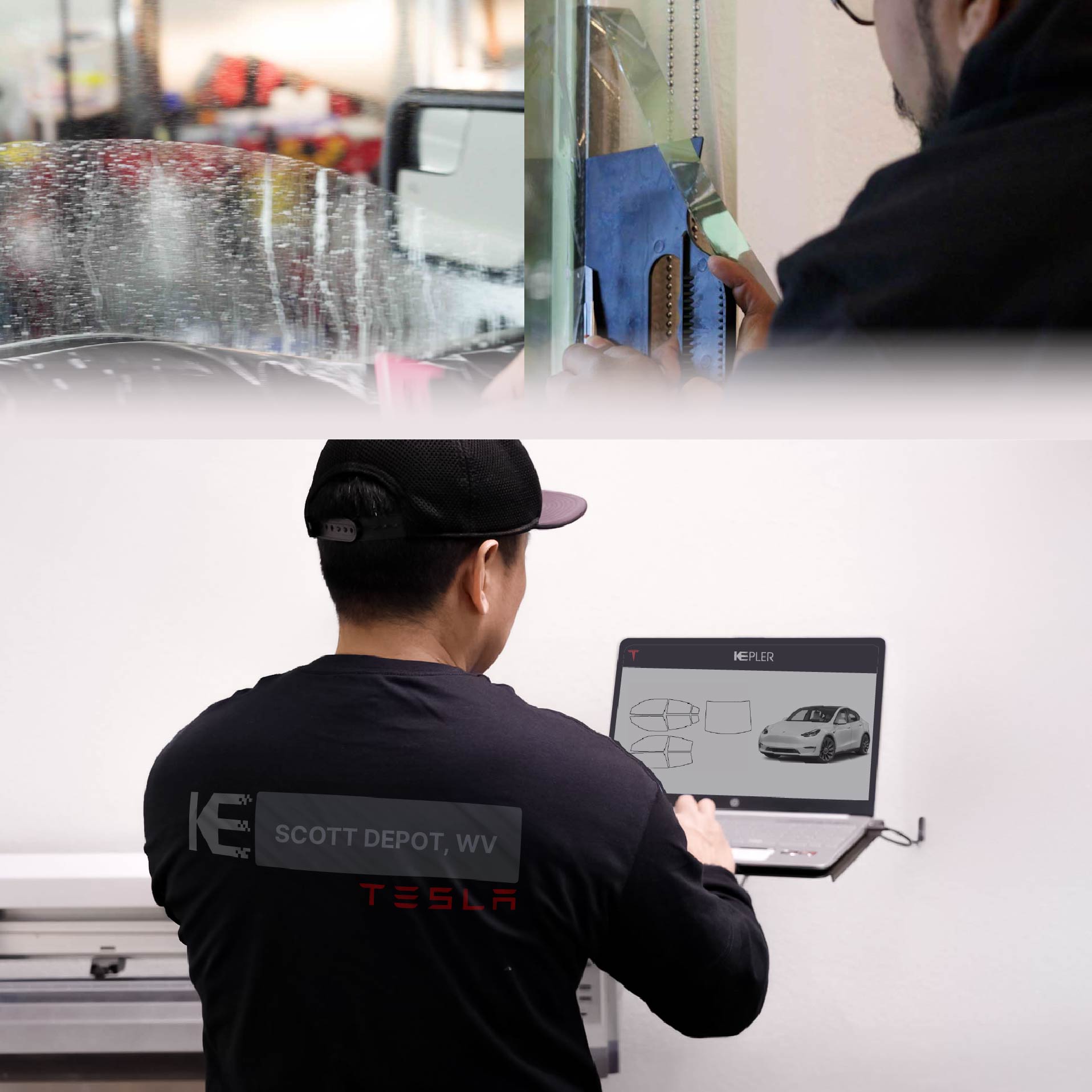 Expert Technician Applying High-tech Window Tint to Tesla in Scott Depot
