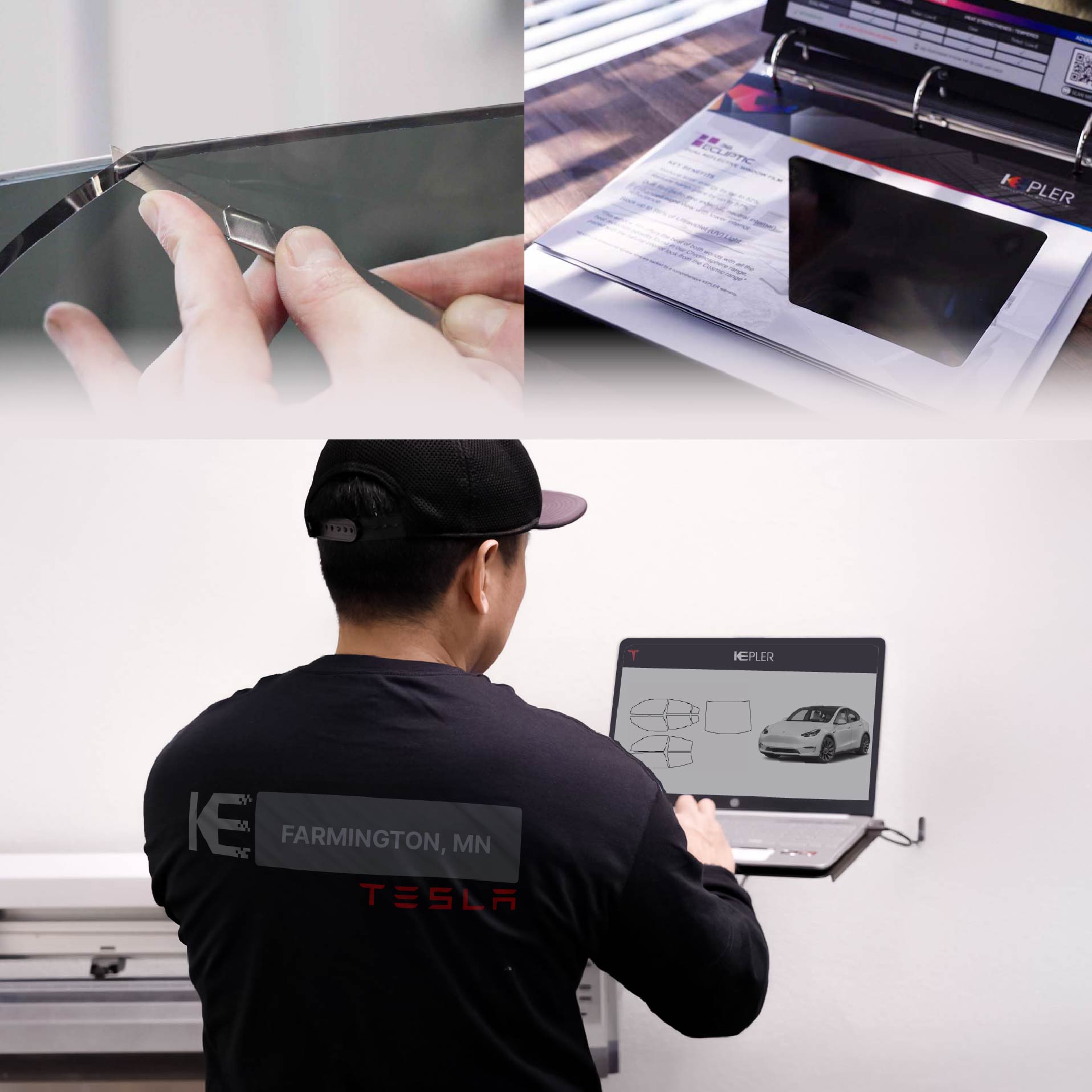 Expert Technician Installing Ceramic Window Tint to Tesla in Farmington