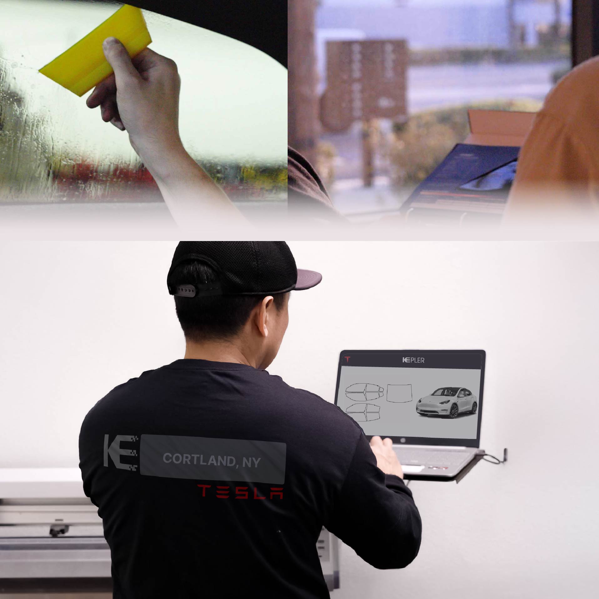 Expert Technician Applying Advanced Window Tint to Tesla in Cortland