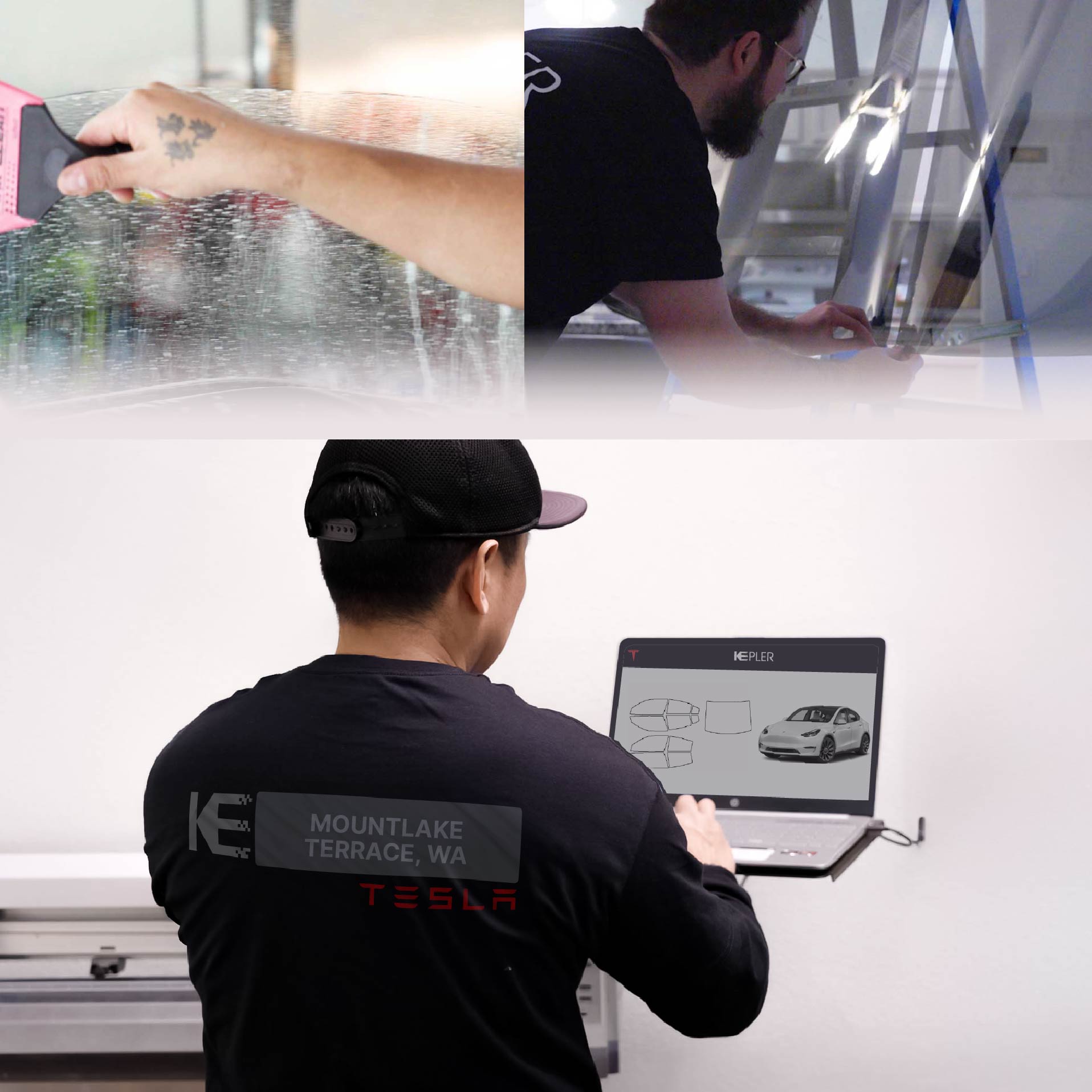 Expert Technician Applying High-tech Window Tint to Tesla in Mountlake Terrace
