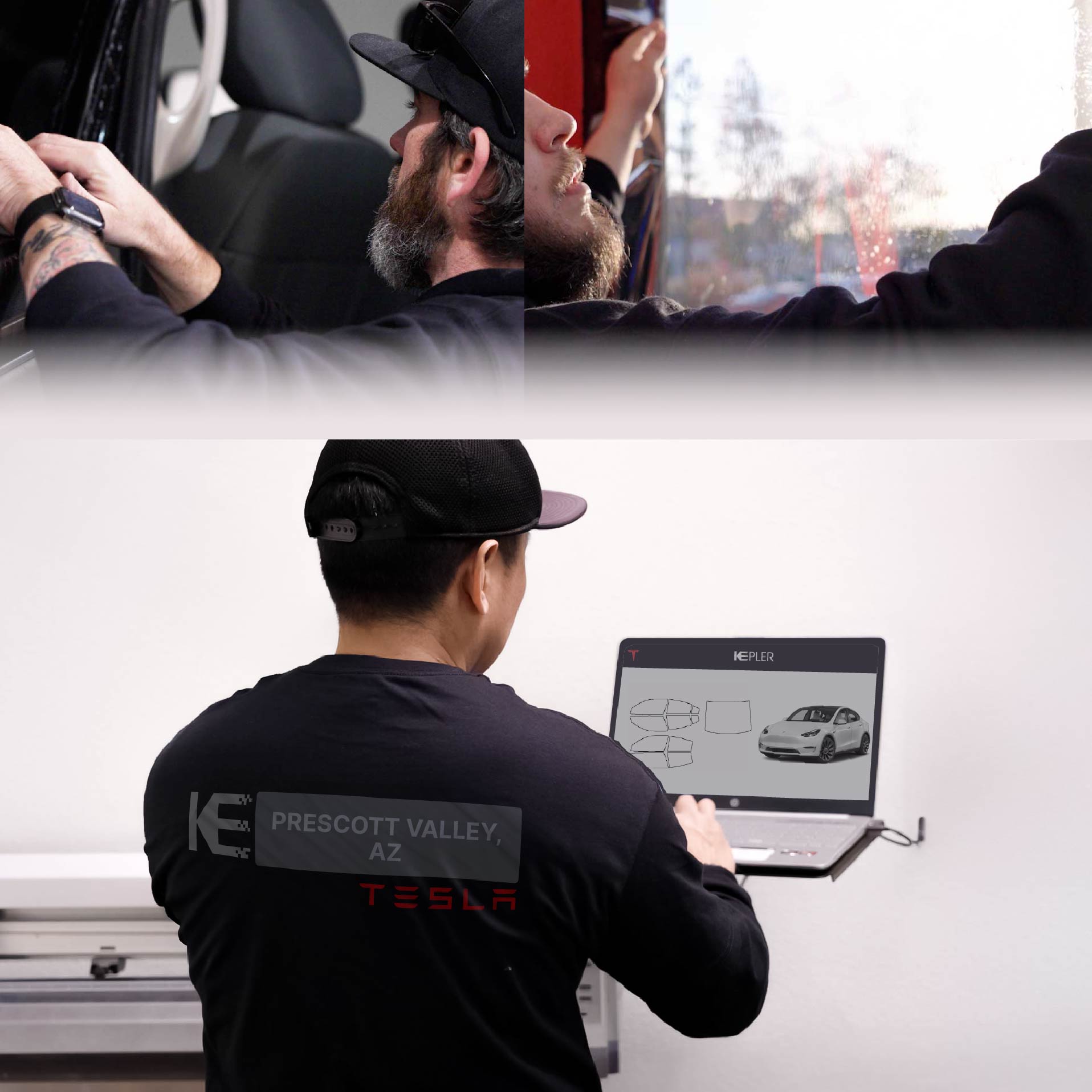 Kepler Technician Fitting High-tech Window Tint to Tesla in Prescott Valley