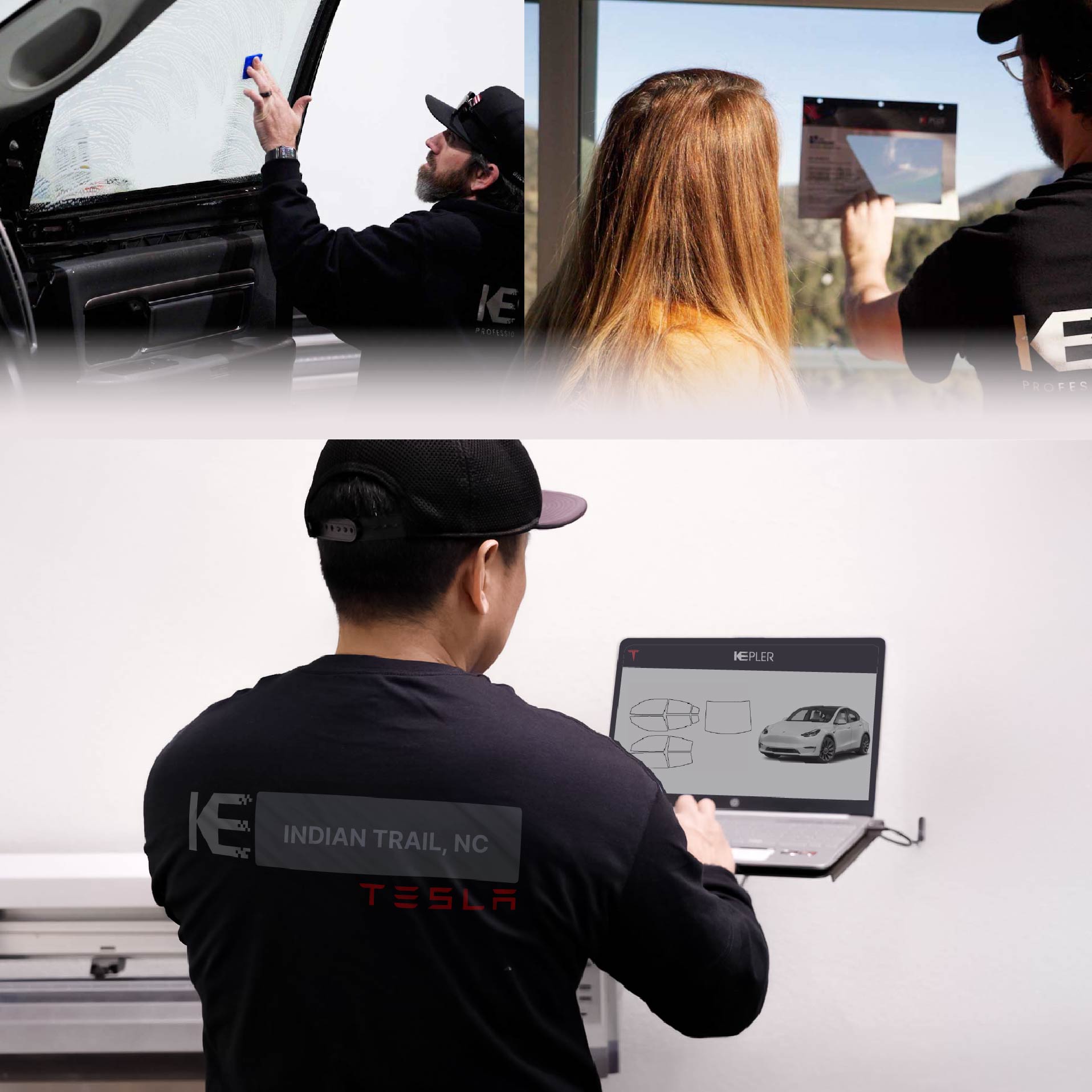 Expert Technician Fitting Advanced Window Tint to Tesla in Indian Trail