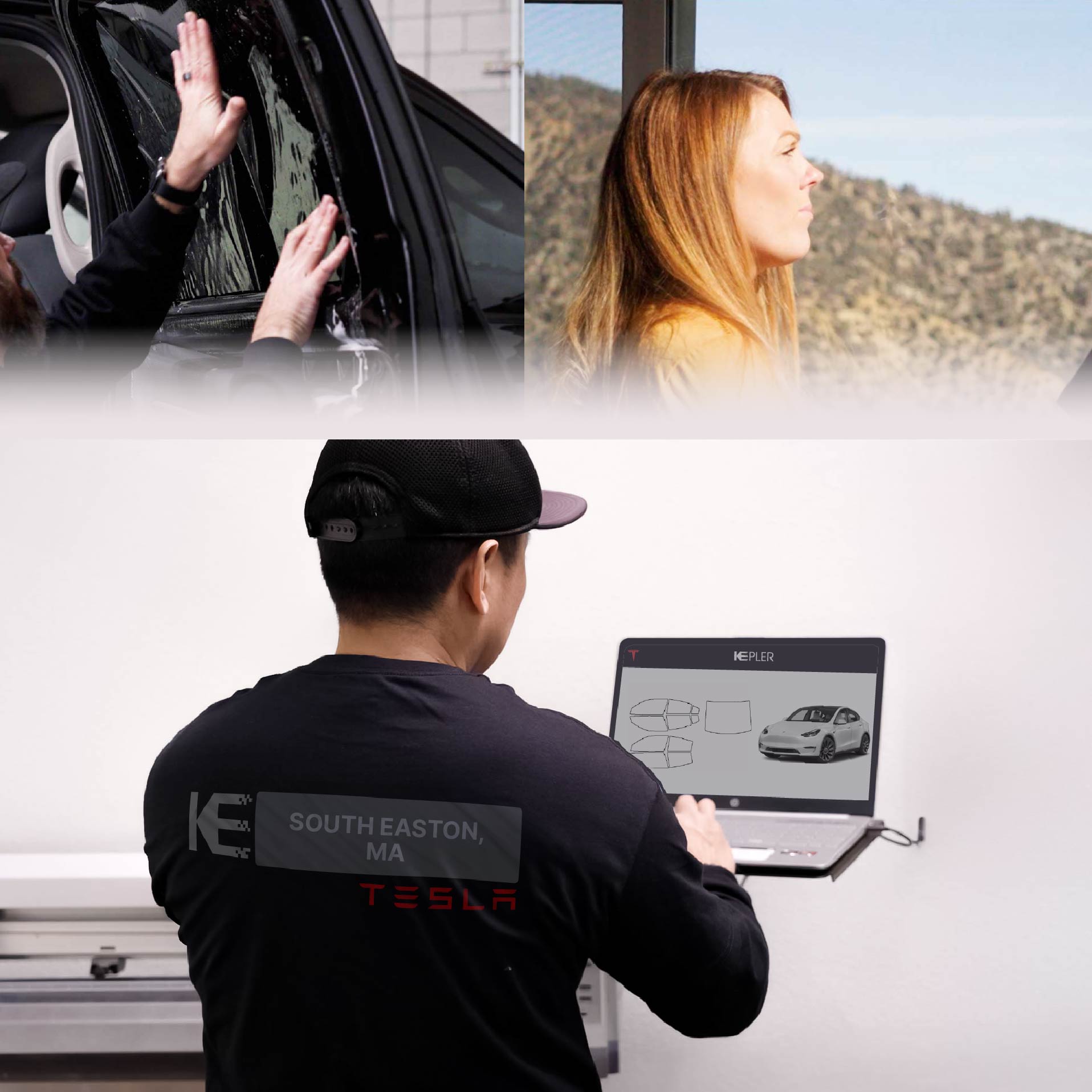 Kepler Technician Applying Ceramic Window Tint to Tesla in South Easton