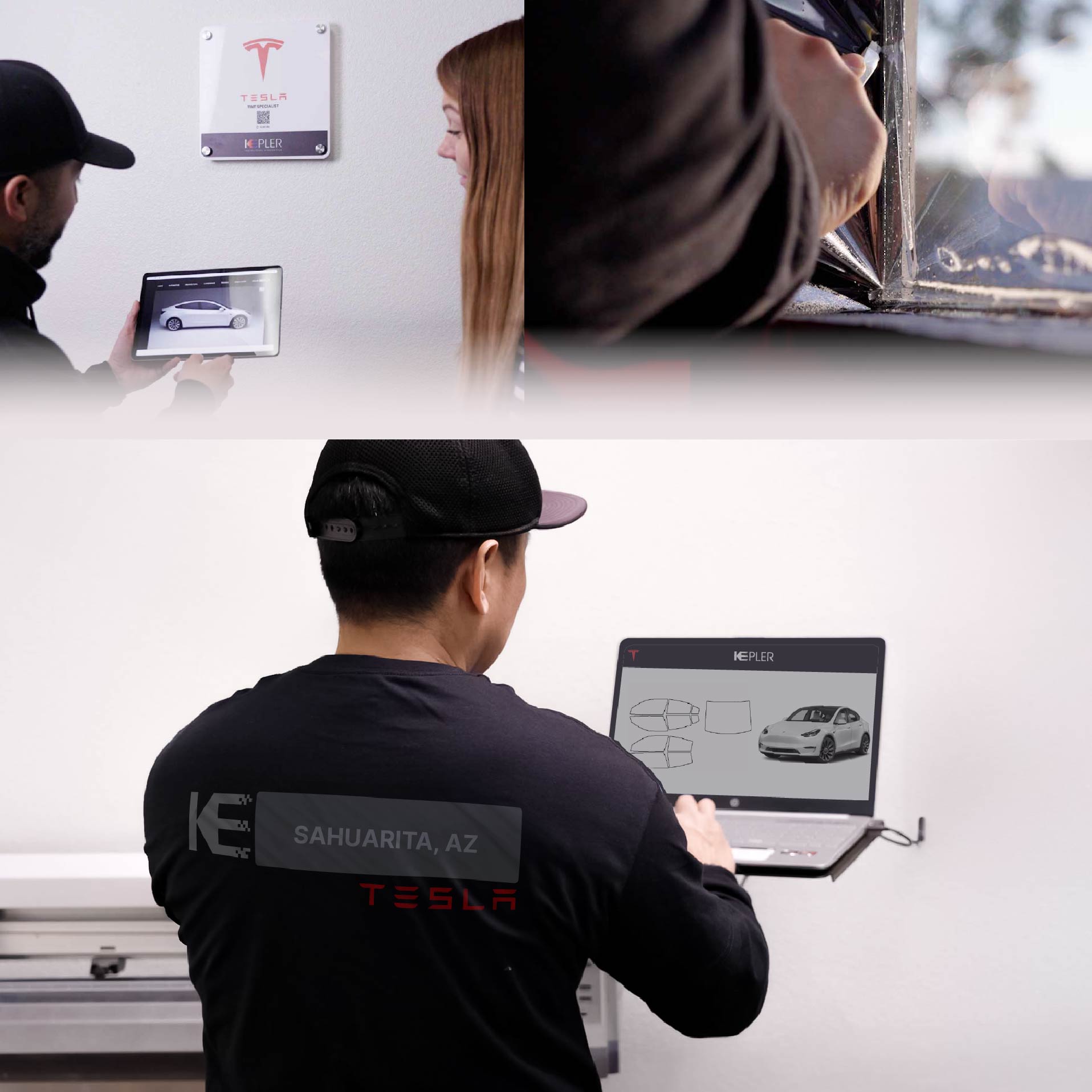Kepler Technician Applying Ceramic Window Tint to Tesla in Sahuarita