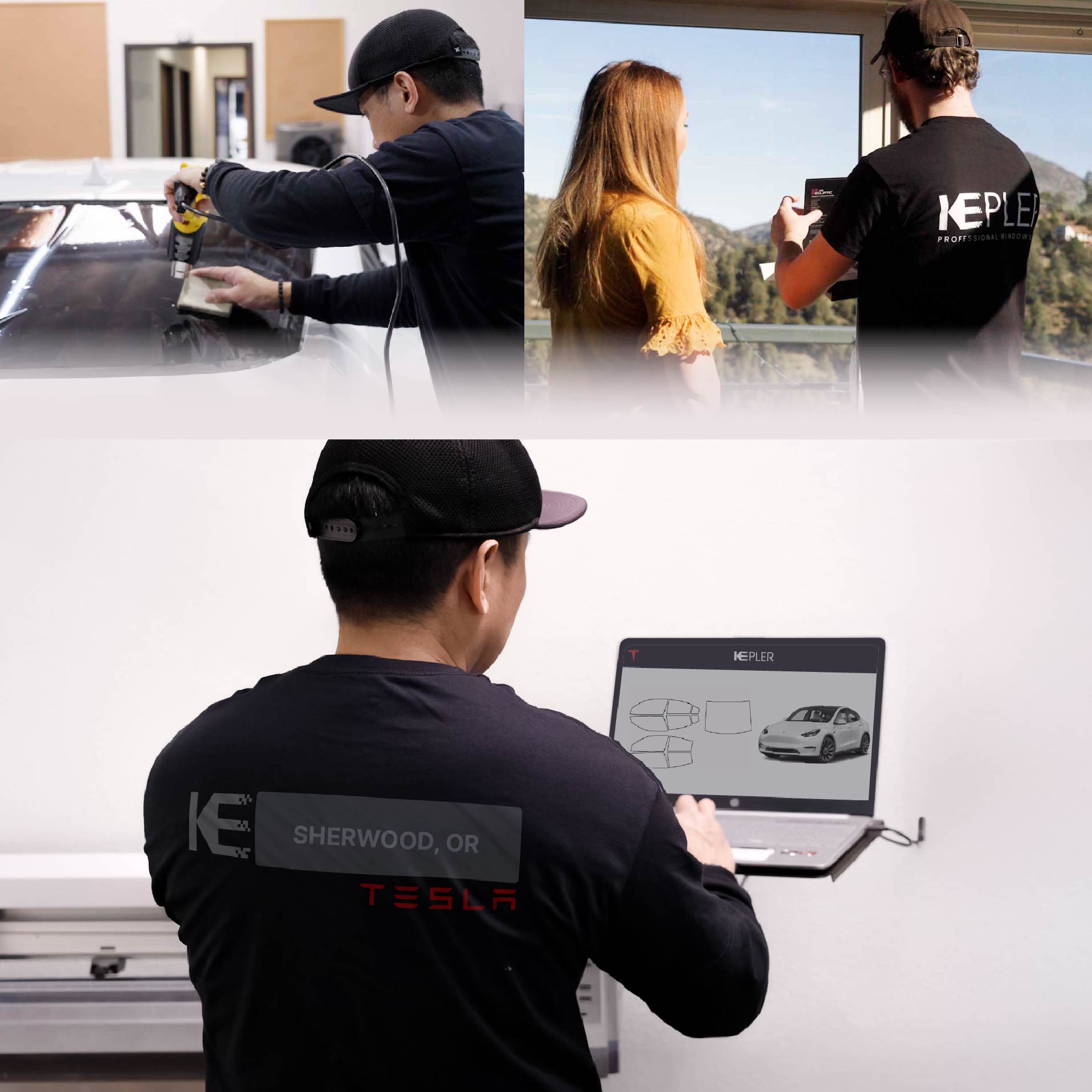 Kepler Technician Installing Ceramic Window Tint to Tesla in Sherwood