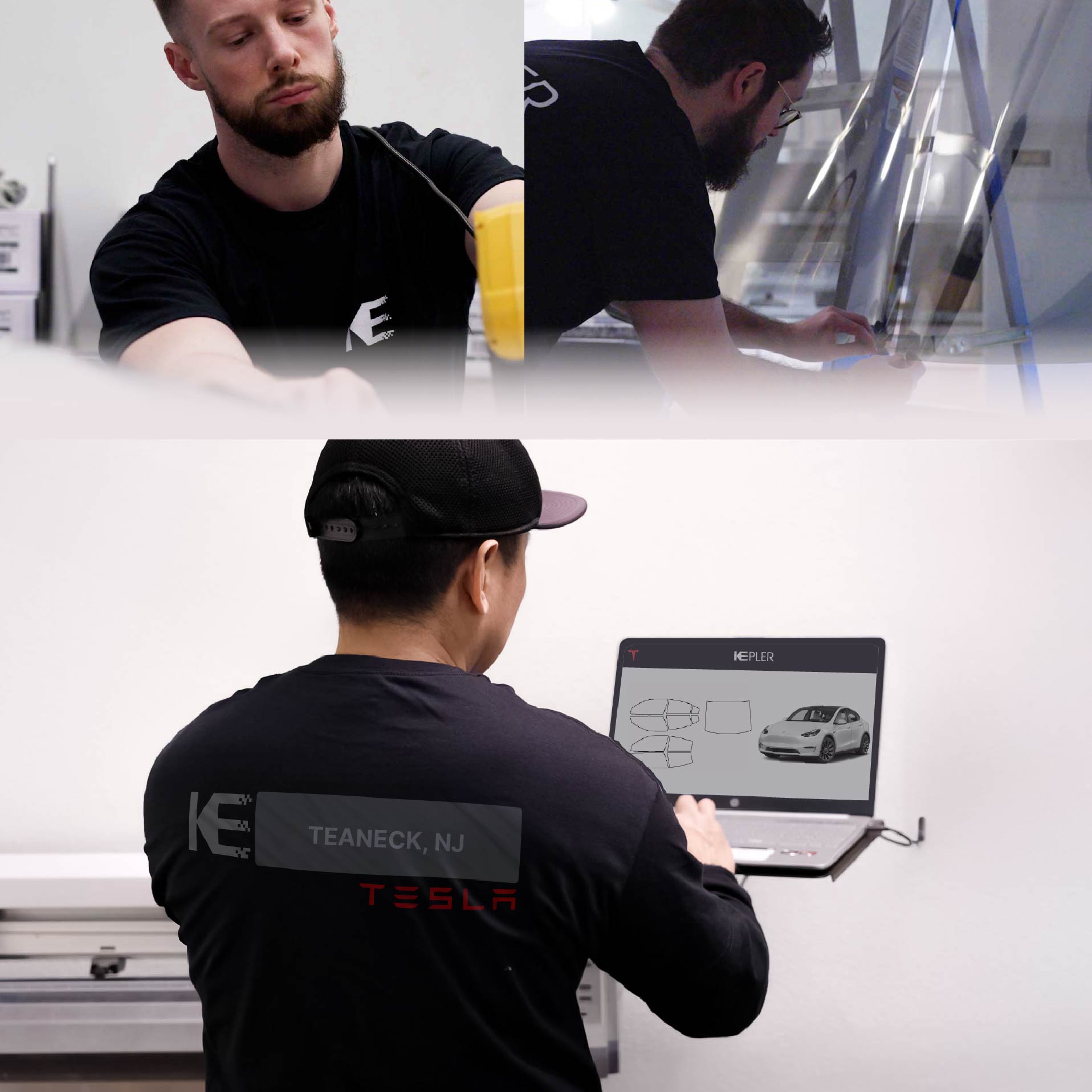 Expert Technician Installing Advanced Window Tint to Tesla in Teaneck