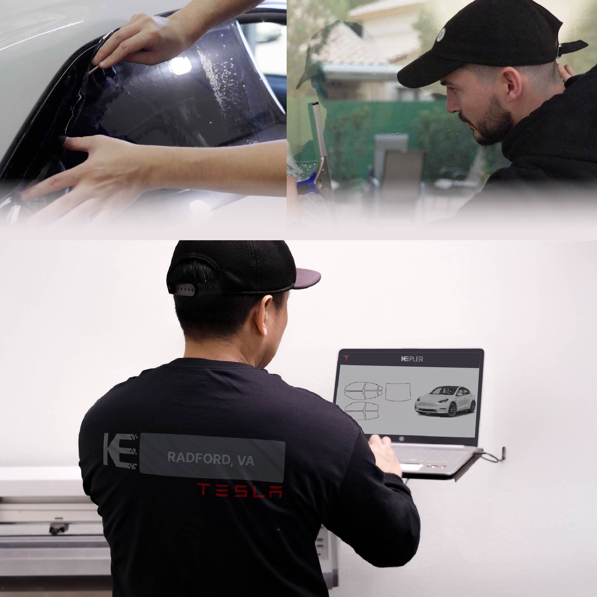 Expert Technician Fitting High-tech Window Tint to Tesla in Radford