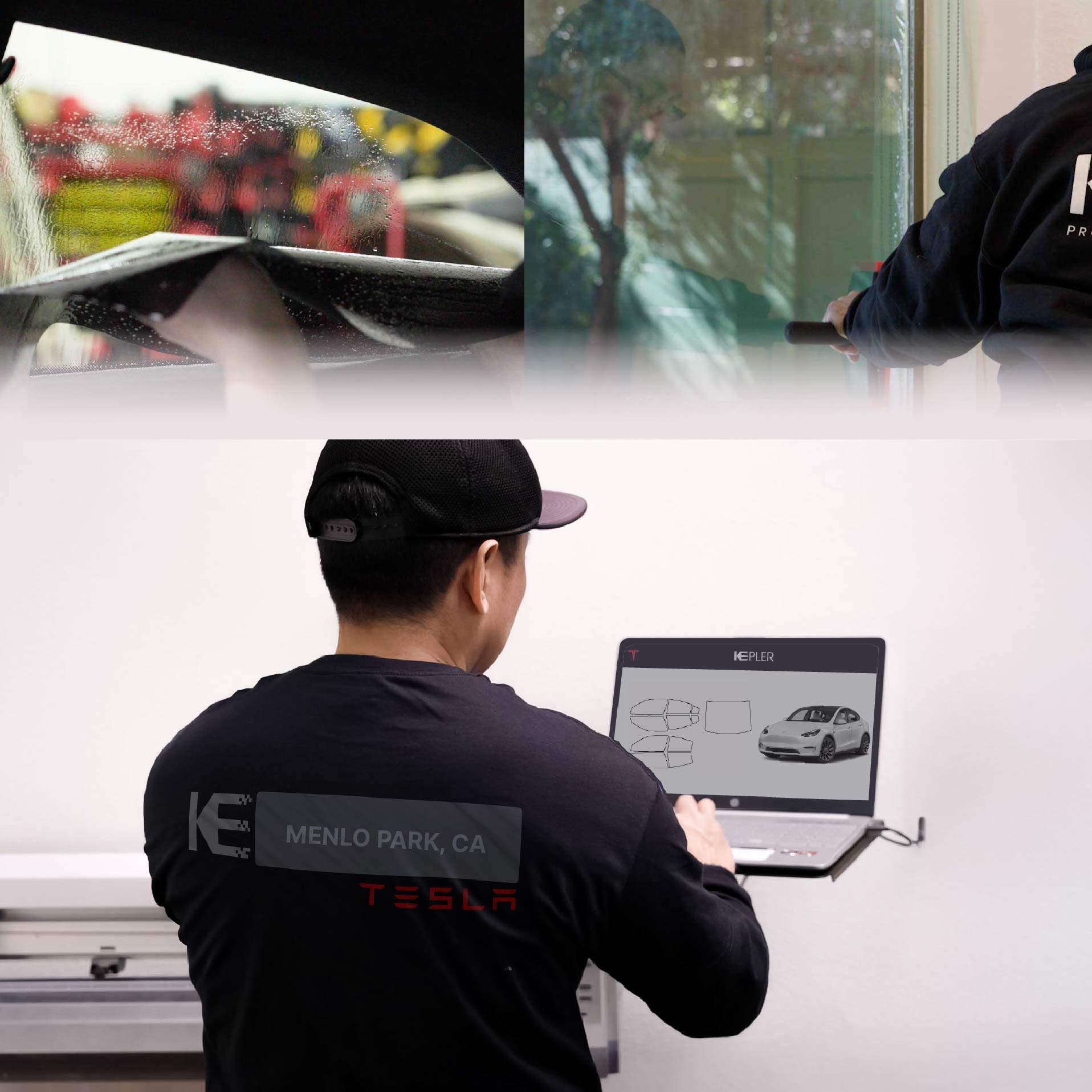 Expert Technician Installing Advanced Window Tint to Tesla in Menlo Park