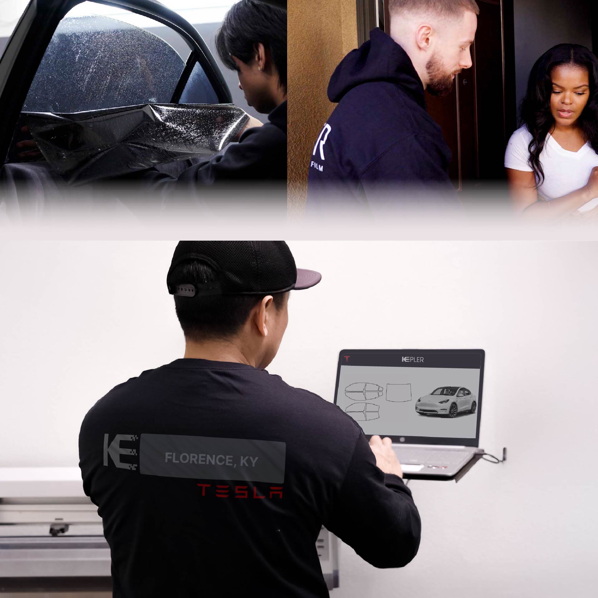 Expert Technician Applying High-tech Window Tint to Tesla in Florence