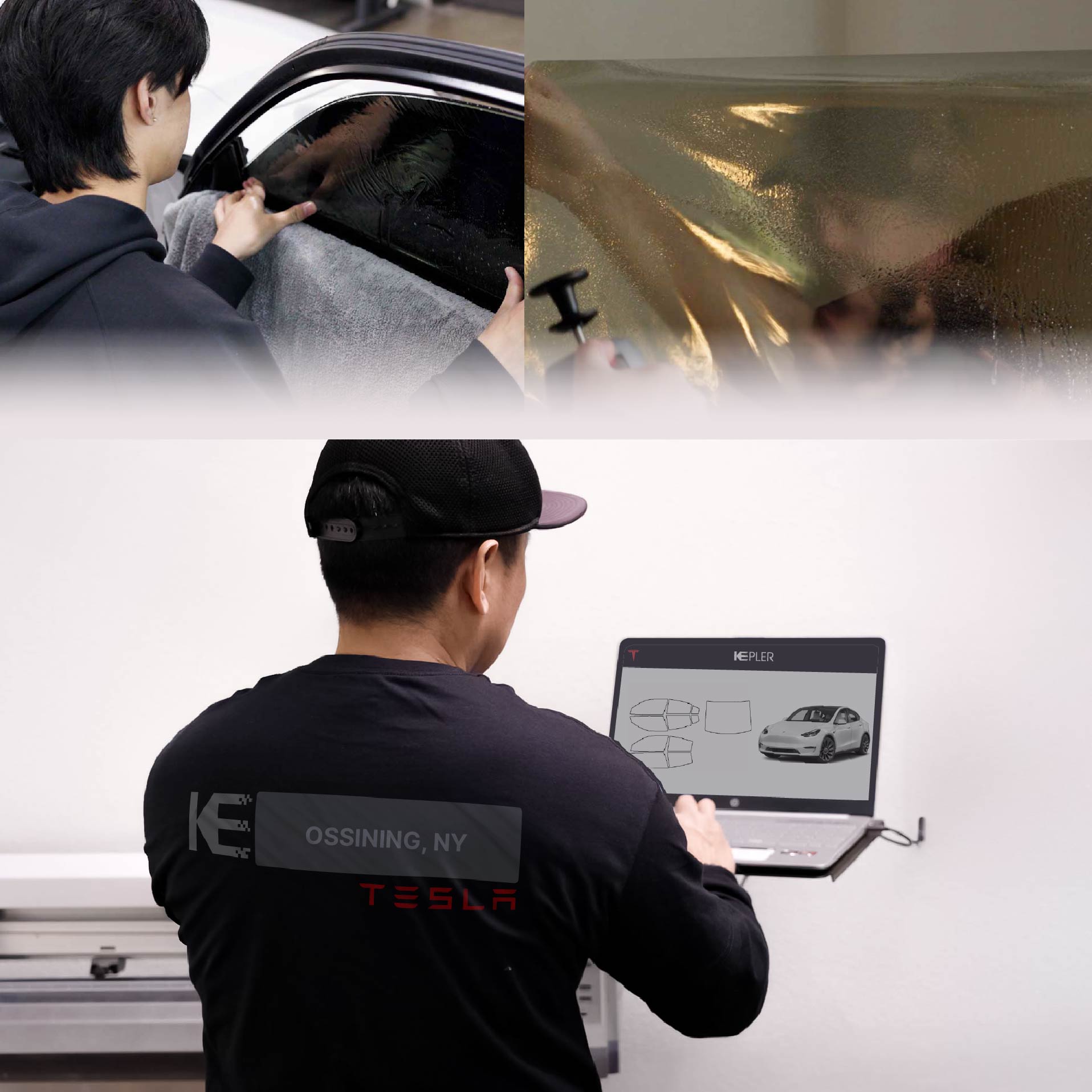 Expert Technician Installing High-tech Window Tint to Tesla in Ossining