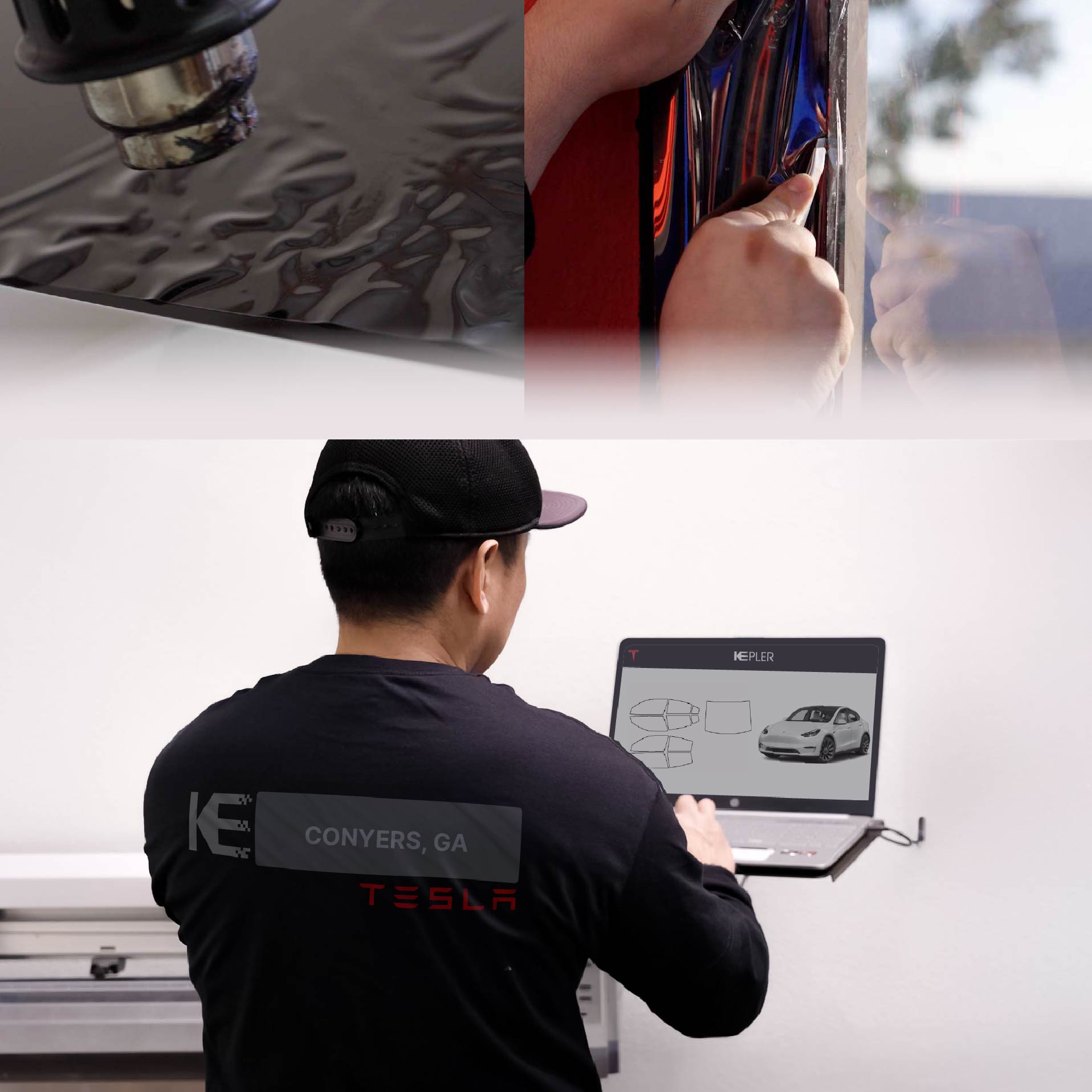 Kepler Technician Installing Advanced Window Tint to Tesla in Conyers