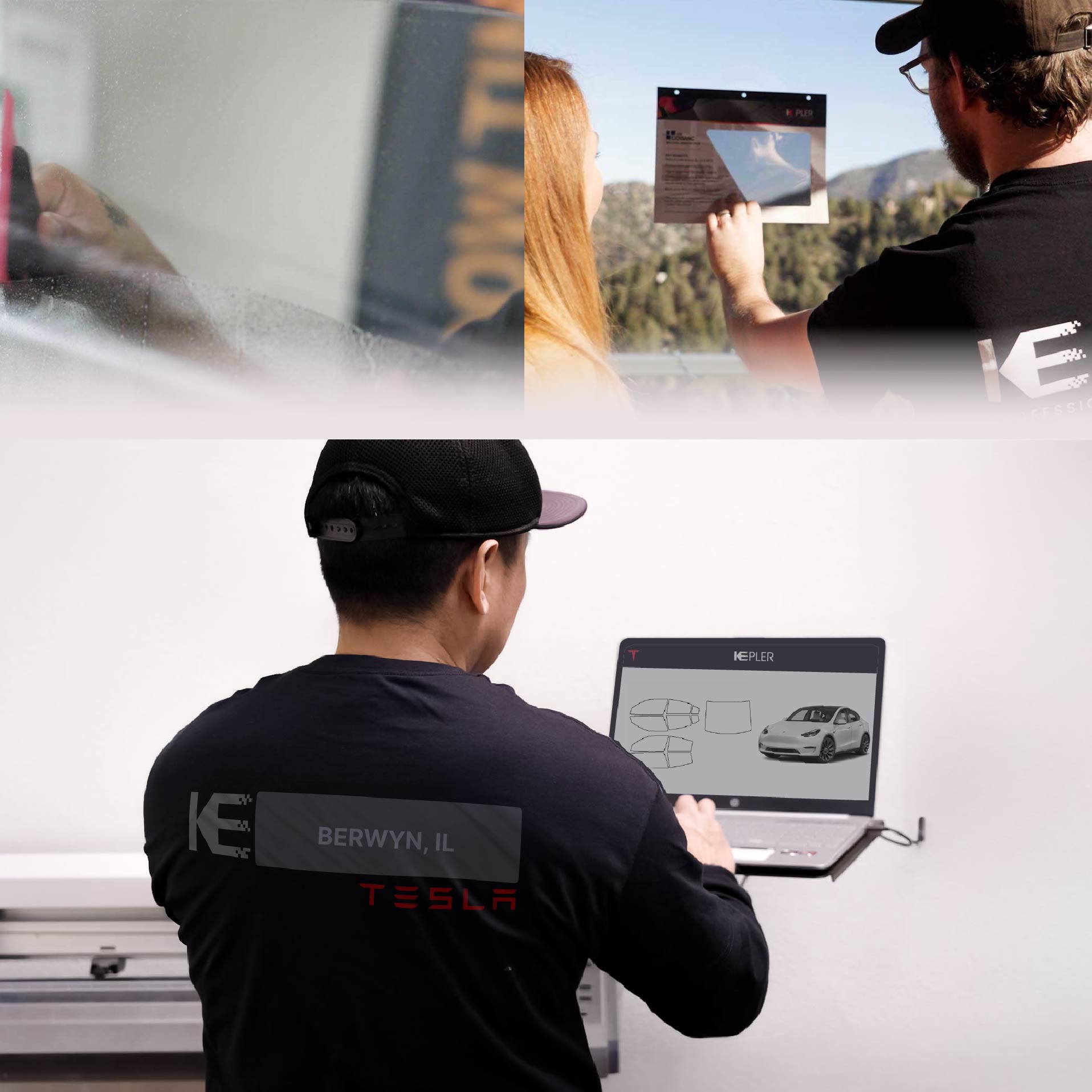 Kepler Technician Fitting High-tech Window Tint to Tesla in Berwyn