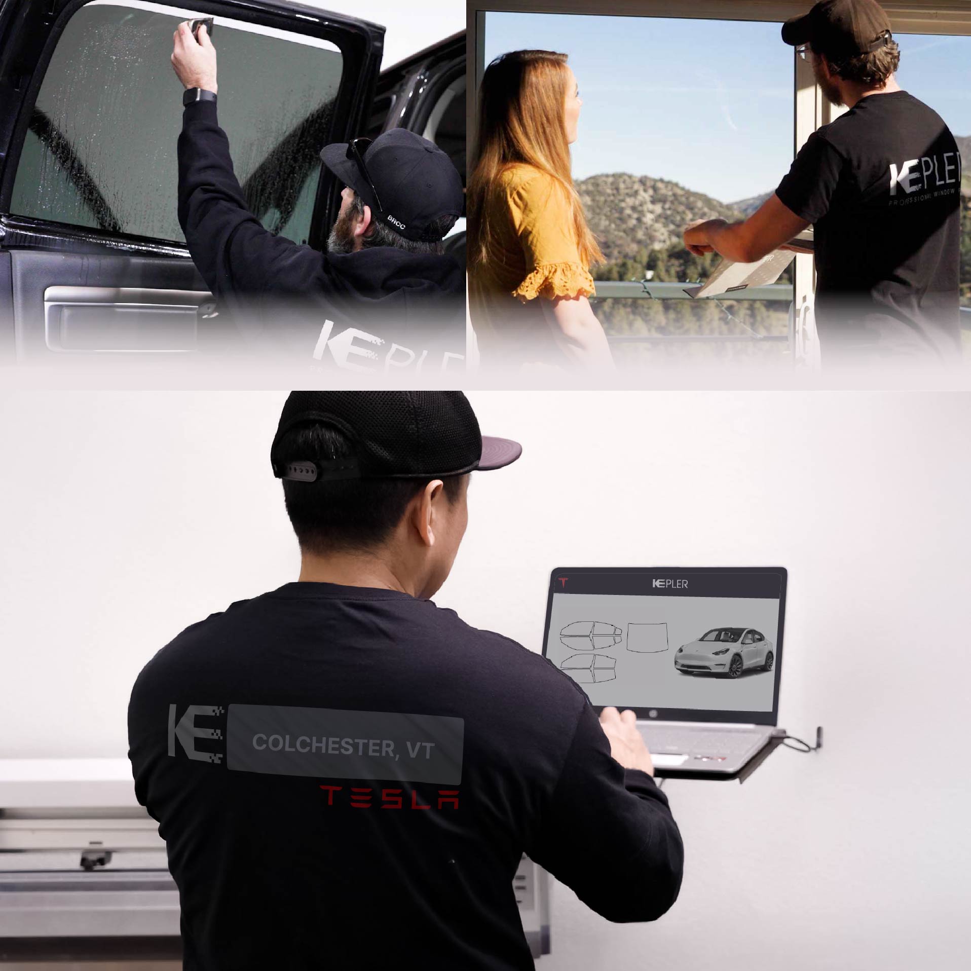 Expert Technician Applying Ceramic Window Tint to Tesla in Colchester